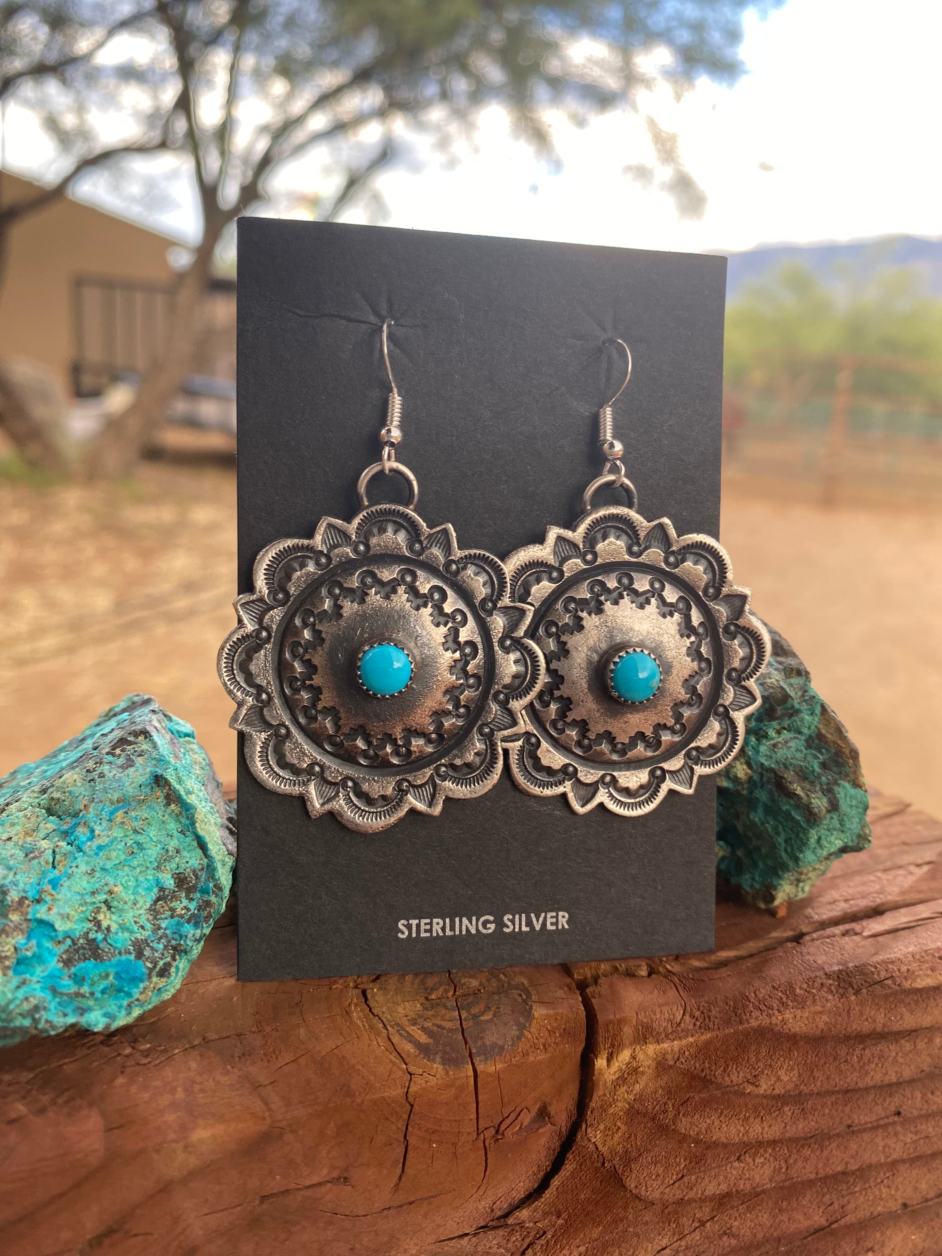 Handcrafted Turquoise & Sterling Silver Concho Dangle Earrings By Kevin Billah