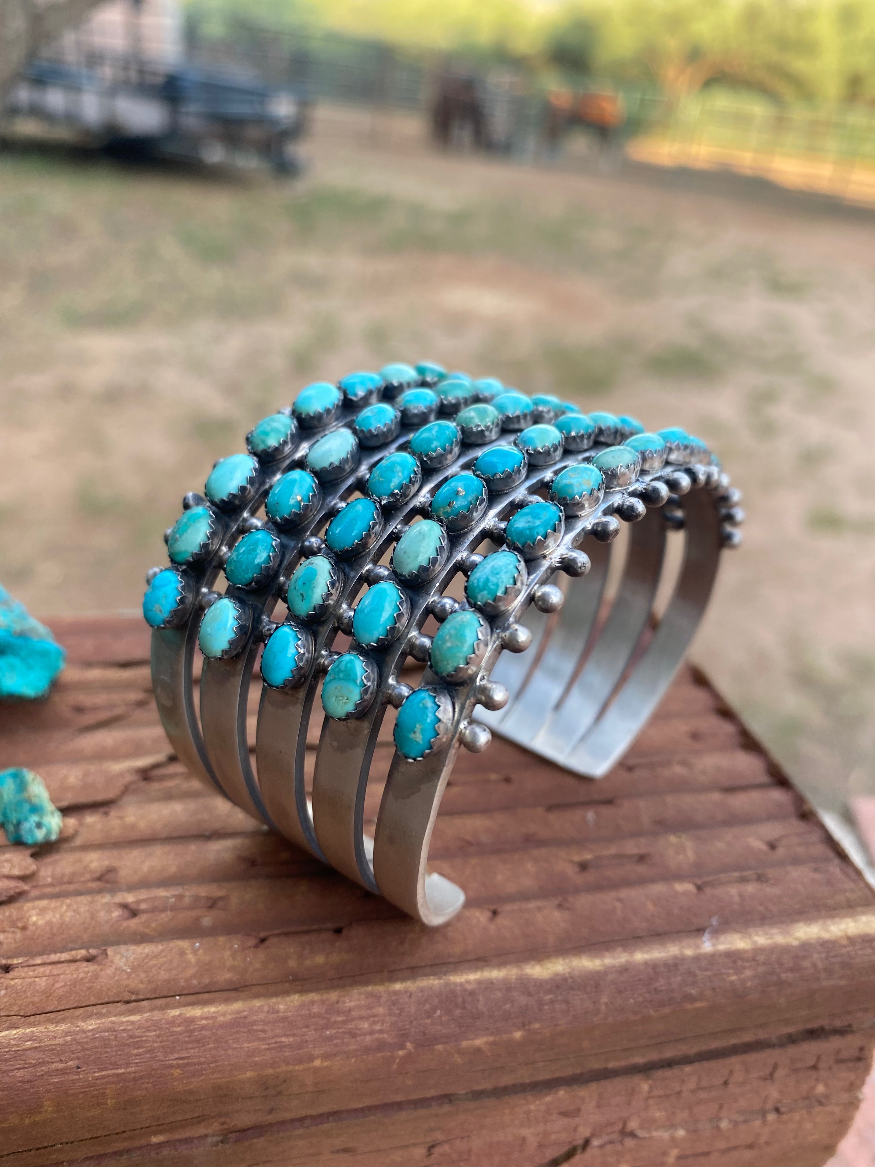 Mark Yazzie Navajo Sterling Silver & Carico Lake Turquoise Cuff Bracelet Signed /