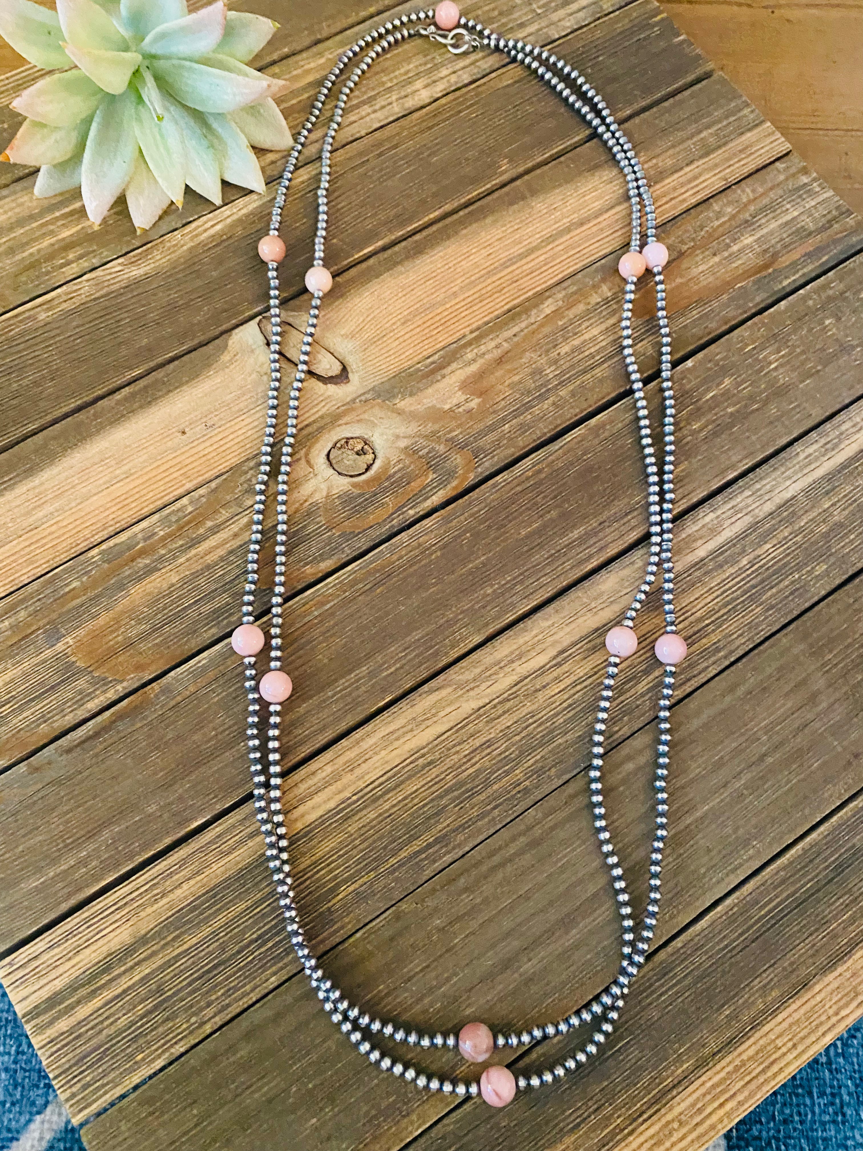 Handcrafted Sterling Silver Pearl & Pink Opal Beaded Necklace 72 inch