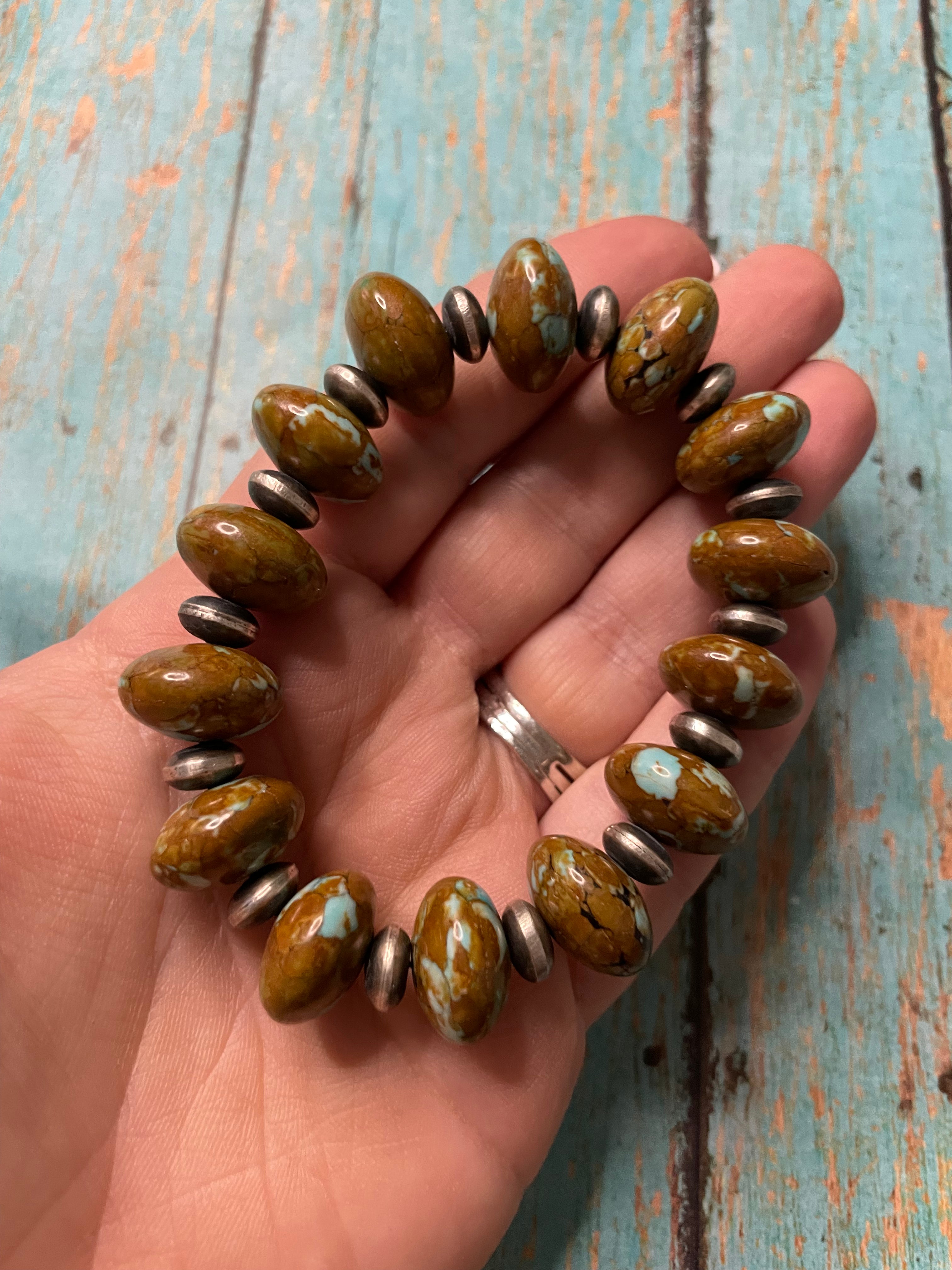 Handcrafted Sterling Silver Stretchy Natural #8 Turquoise Beaded Bracelet