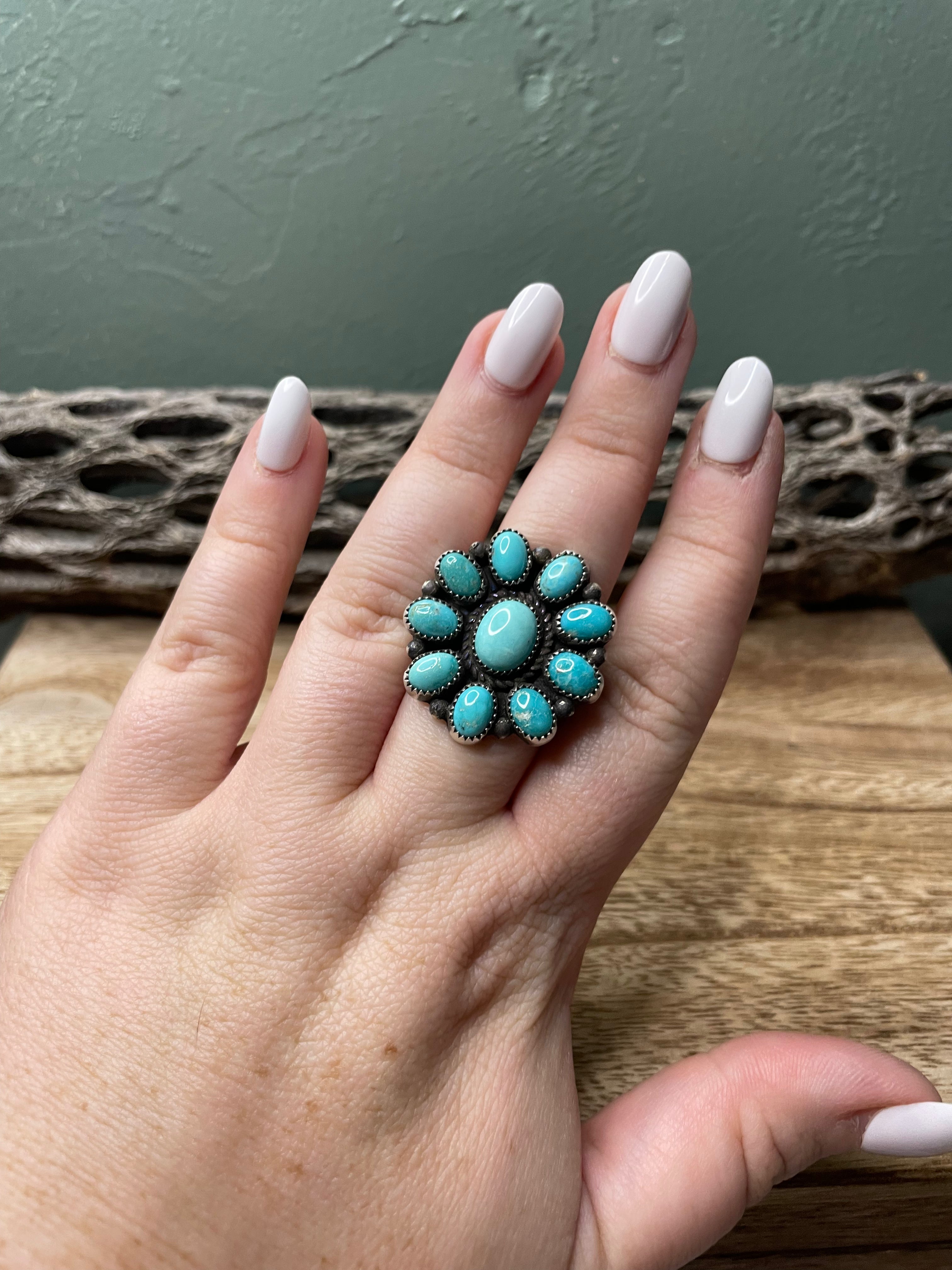 Handcrafted Turquoise And Sterling Silver Adjustable Cluster Ring