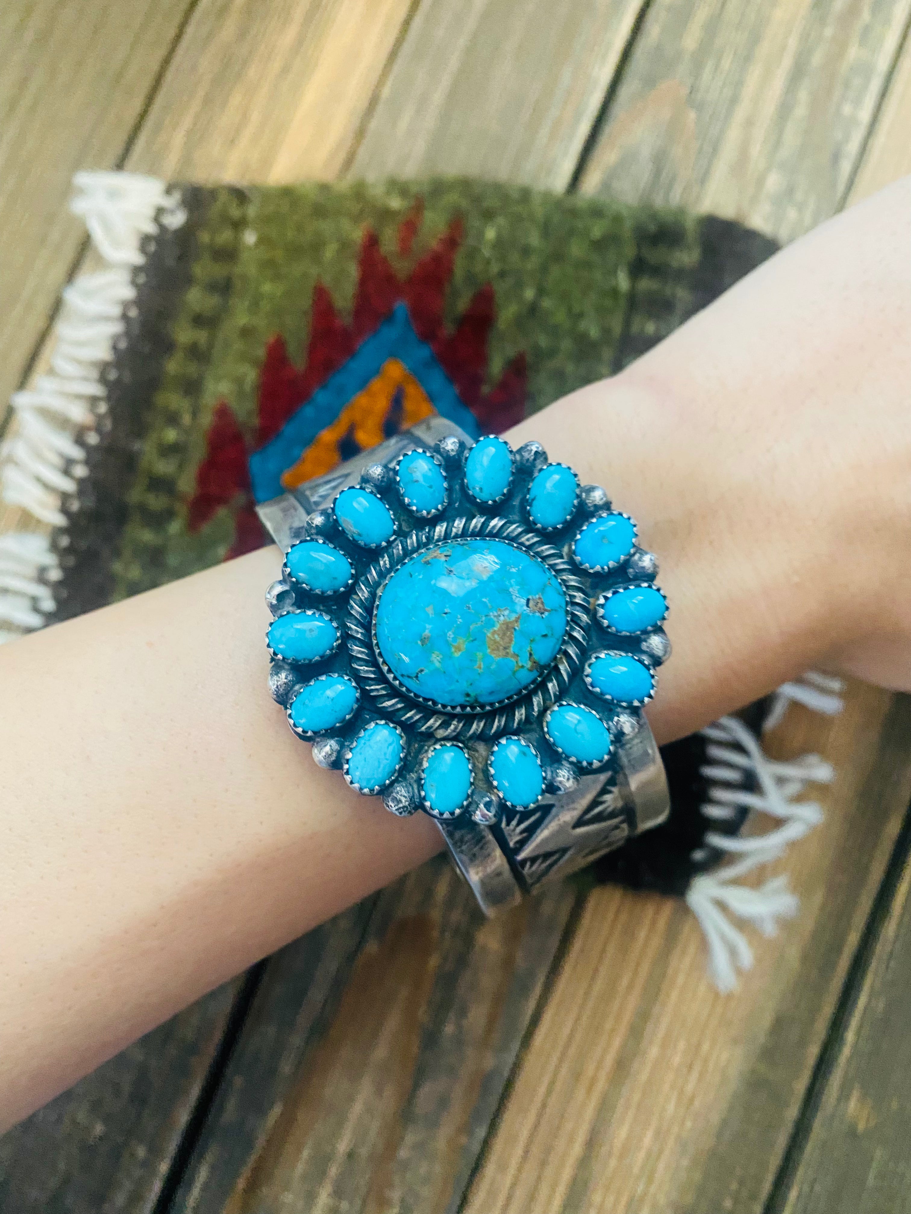 Handcrafted Kingman Turquoise And Sterling Silver Cluster Cuff Adjustable Bracelet /