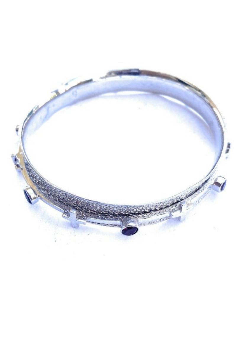 Handcrafted Red Garnet Cross Sterling Silver Bangle Signed
