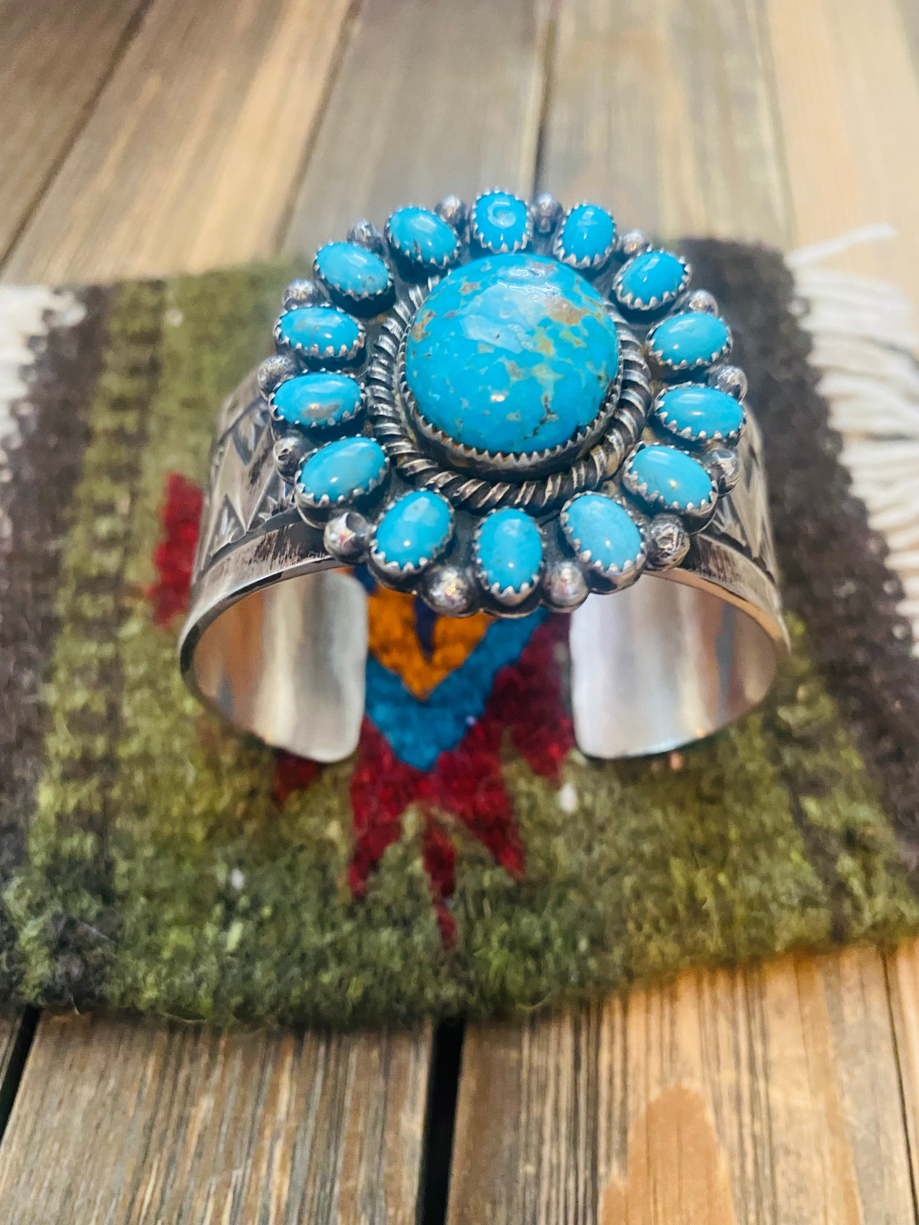 Handcrafted Kingman Turquoise And Sterling Silver Cluster Cuff Adjustable Bracelet /