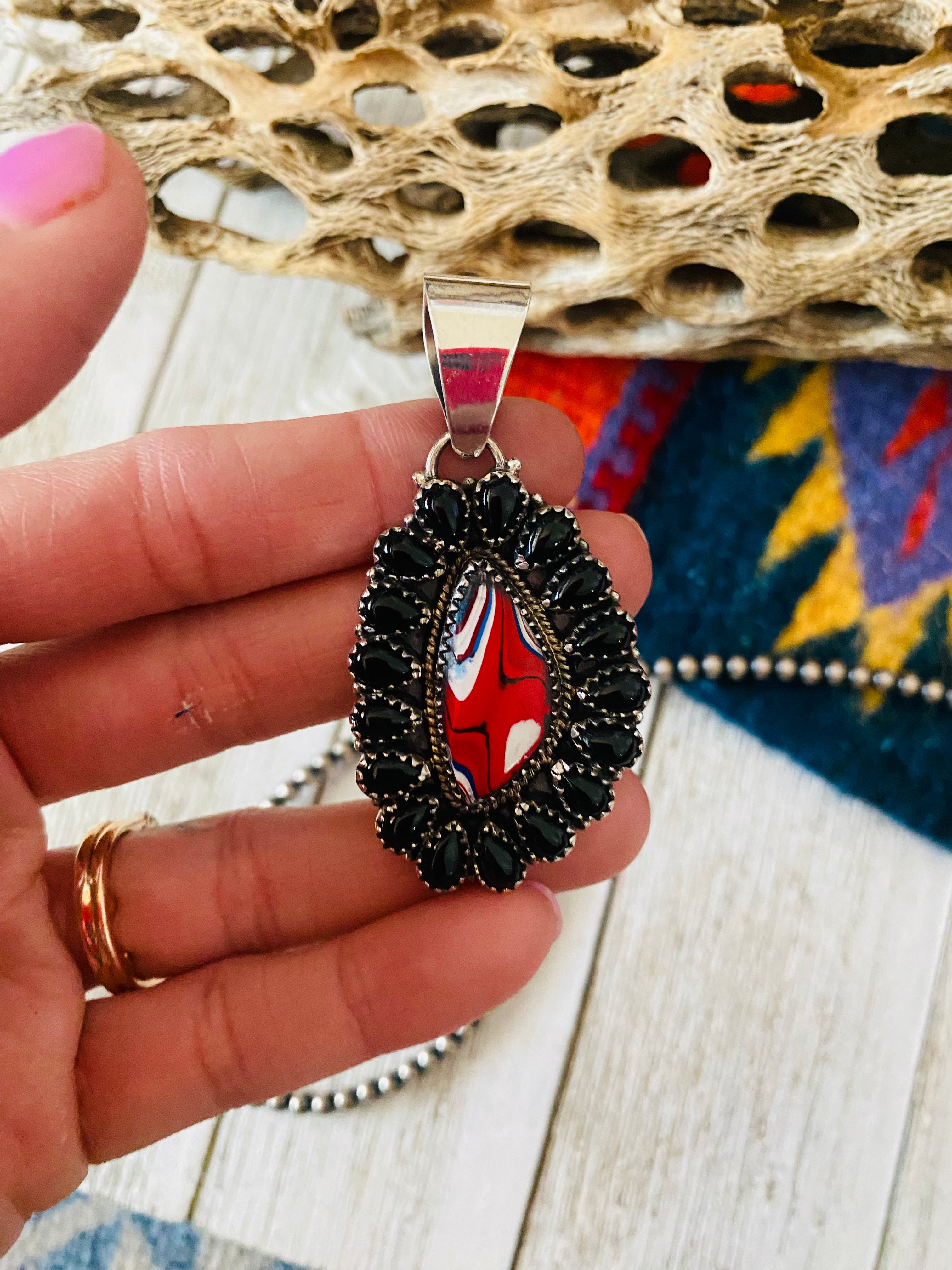 Handmade Sterling Silver, Fordite & Onyx Cluster Pendant