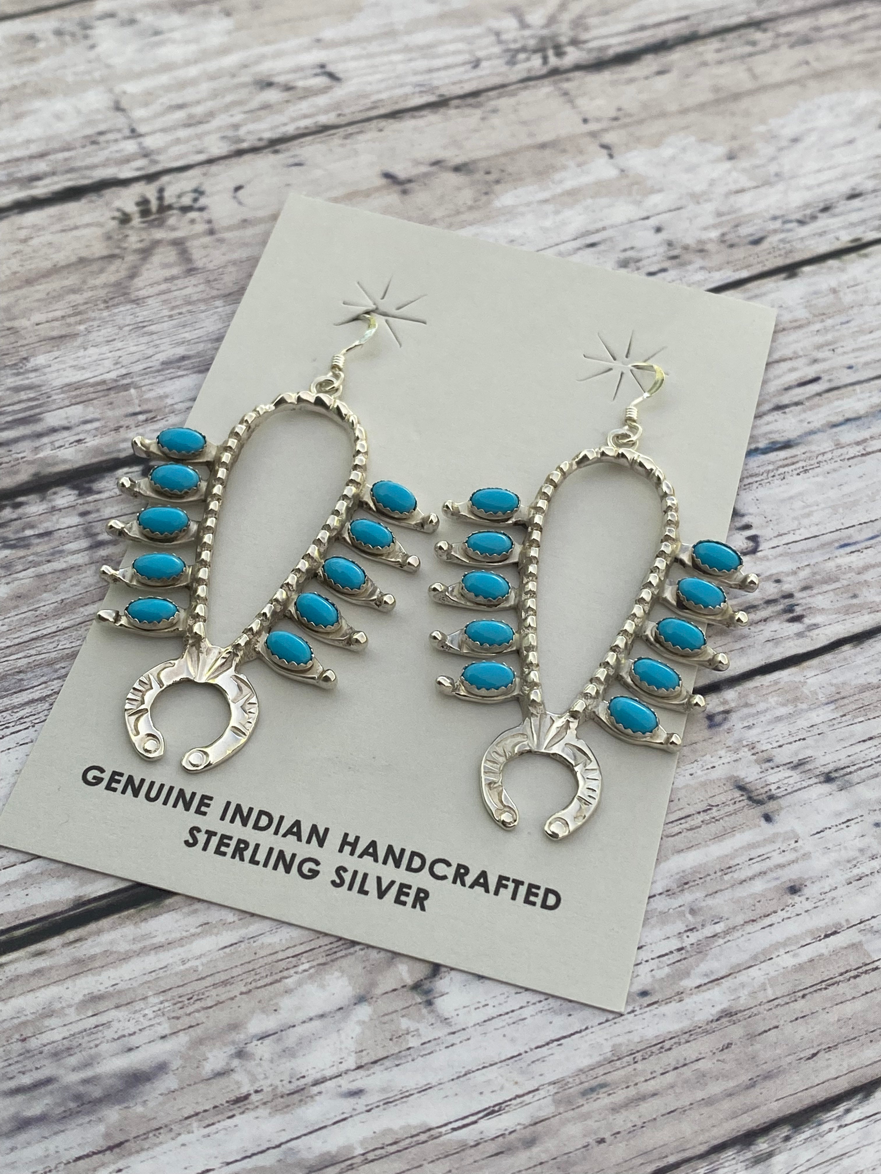 Handcrafted Sterling Silver & Turquoise Squash Blossom Earrings