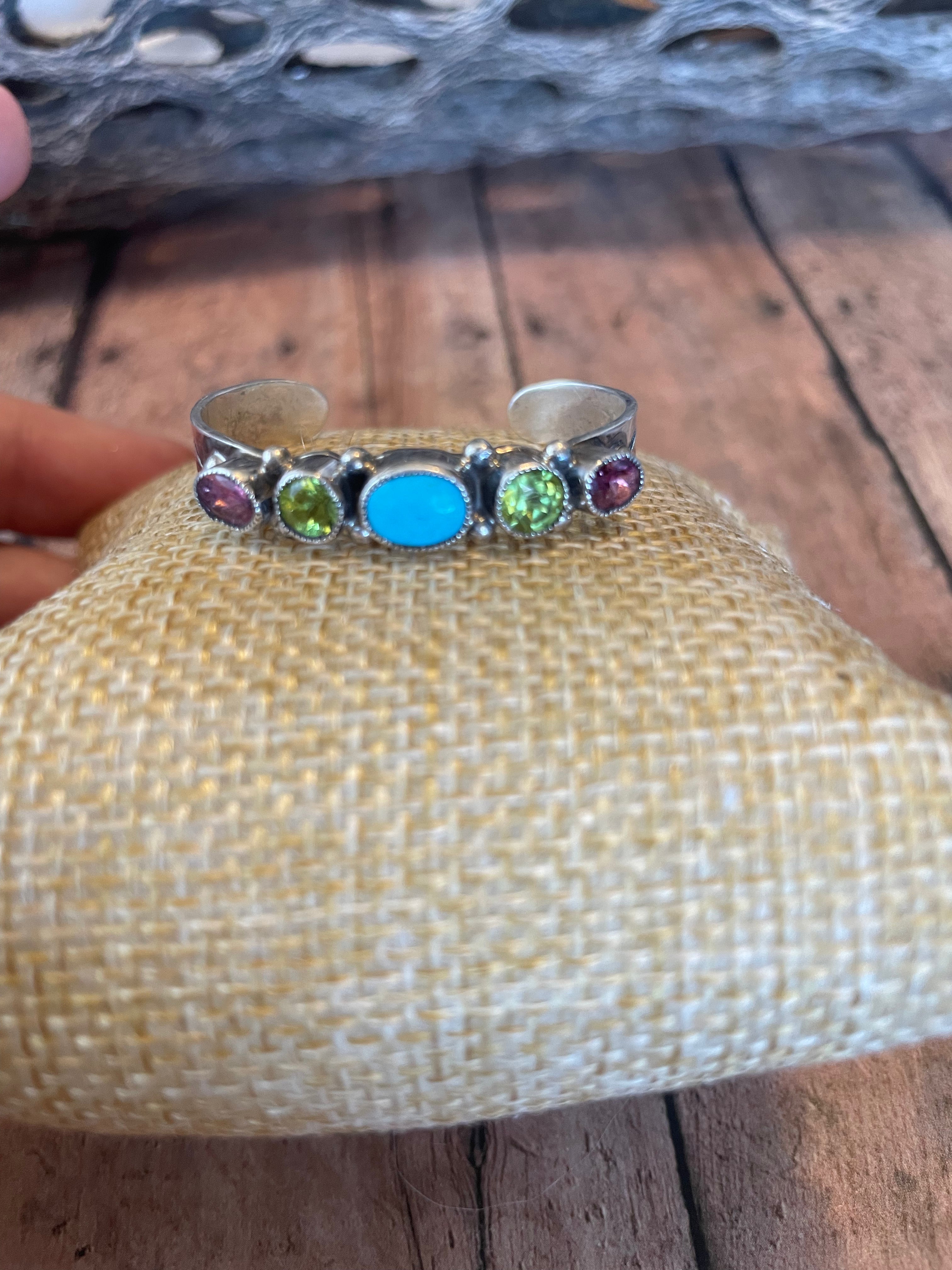 Handcrafted Baby Turquoise And Gem Stone Sterling Silver Cuff Bracelet Signed /