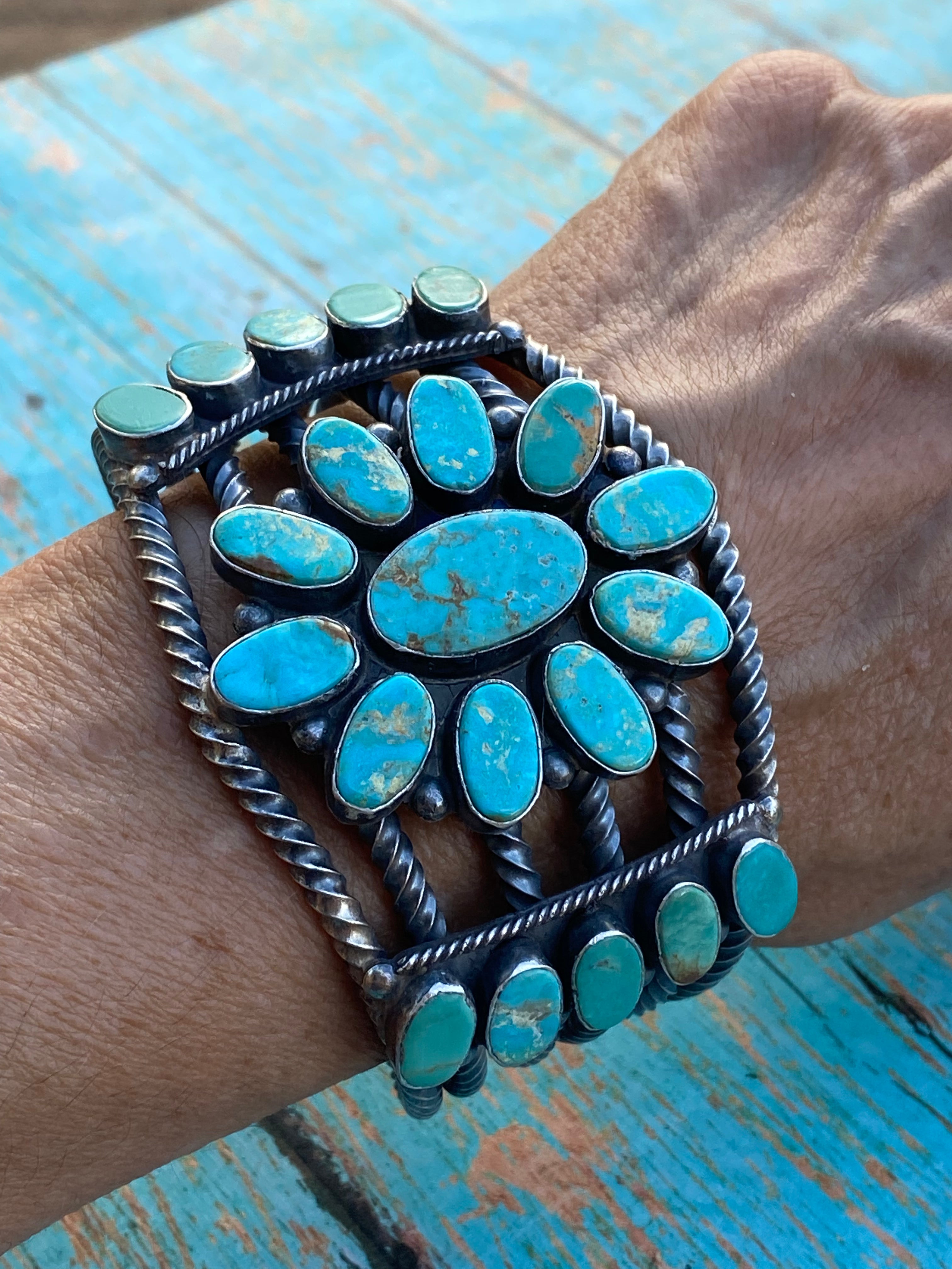 Navajo Jacqueline Silver Royston Turquoise & Sterling Cluster Cuff /