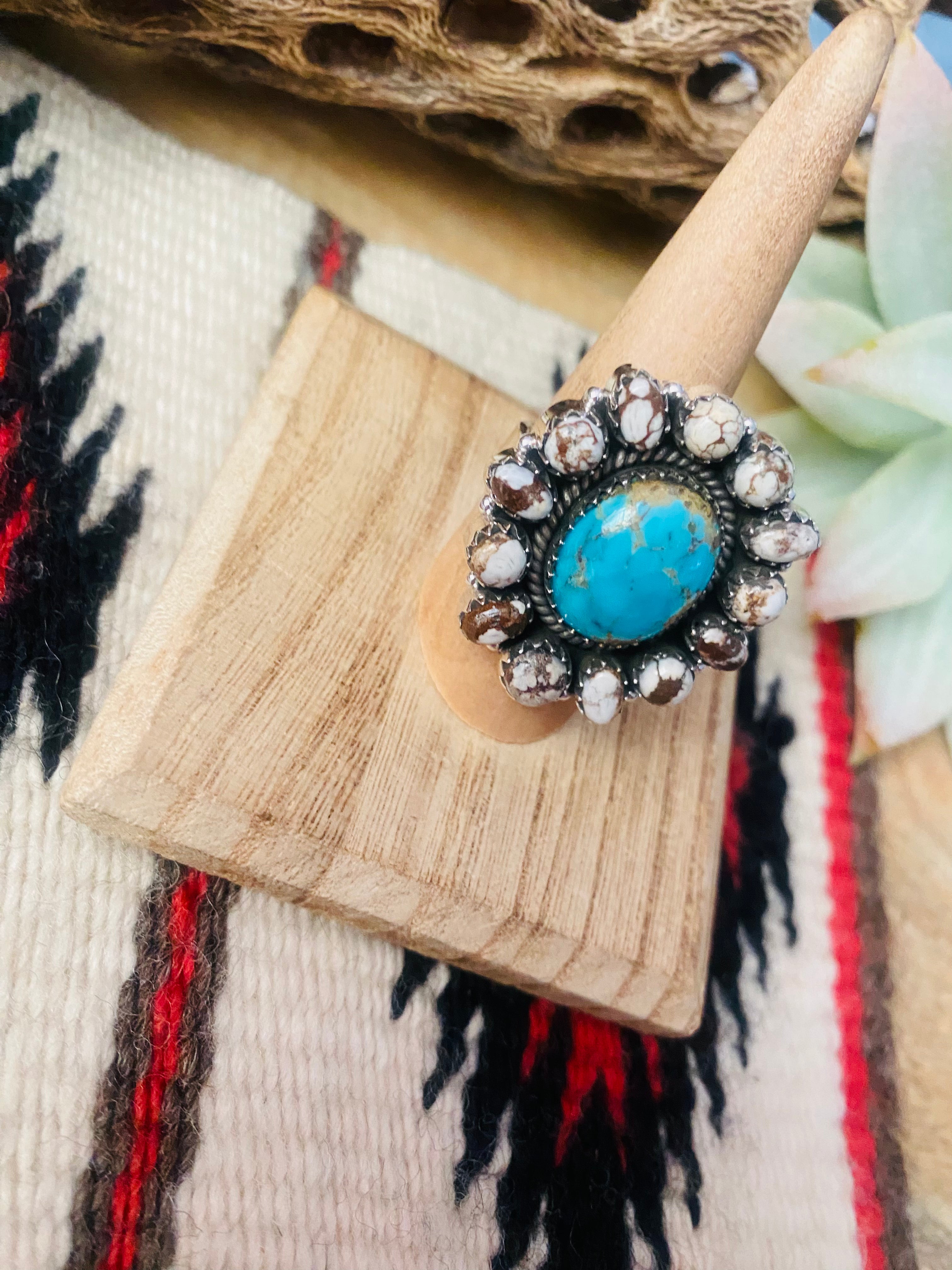 Handmade Sterling Silver, Wild Horse & Turquoise Cluster Adjustable Ring