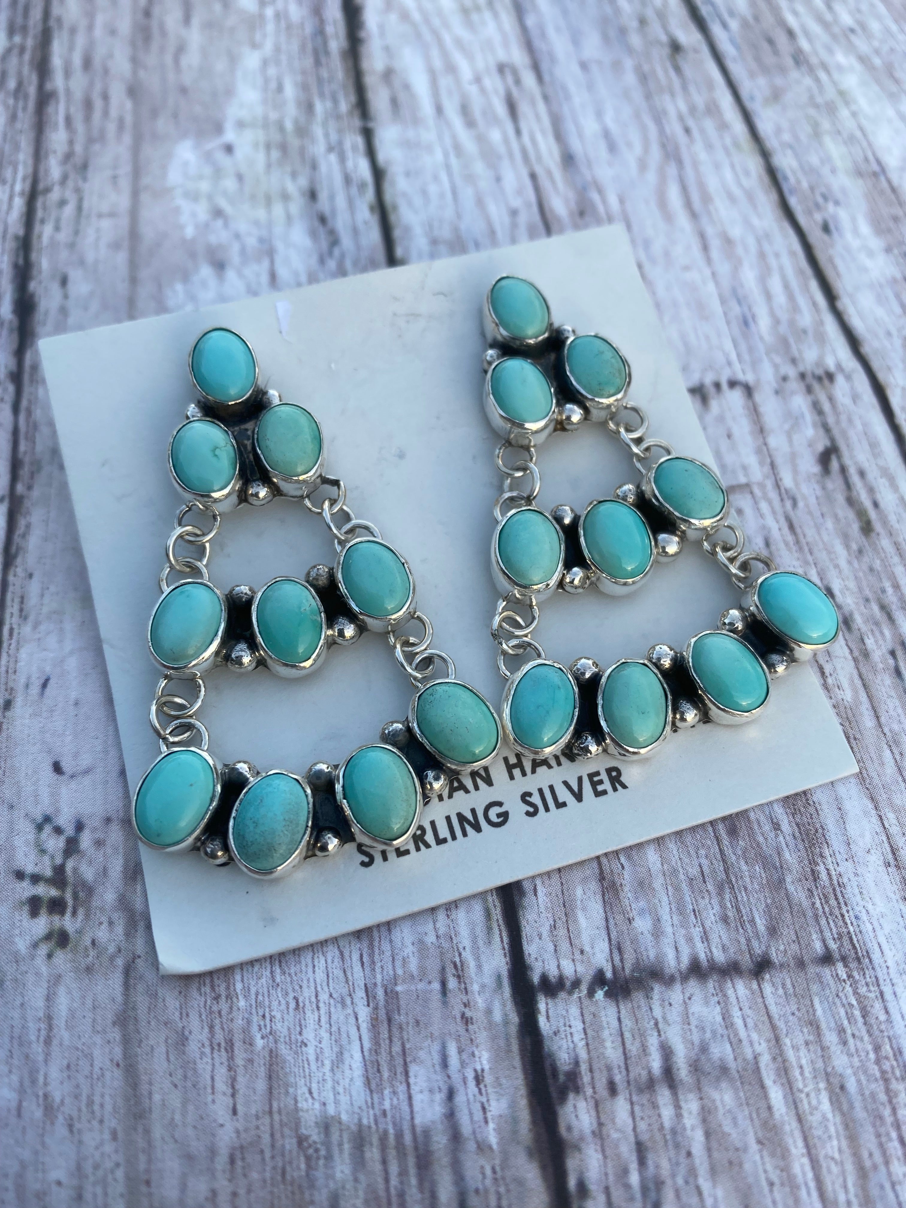 Carico Lake Turquoise & Sterling Silver Cluster Dangle Earrings Signed