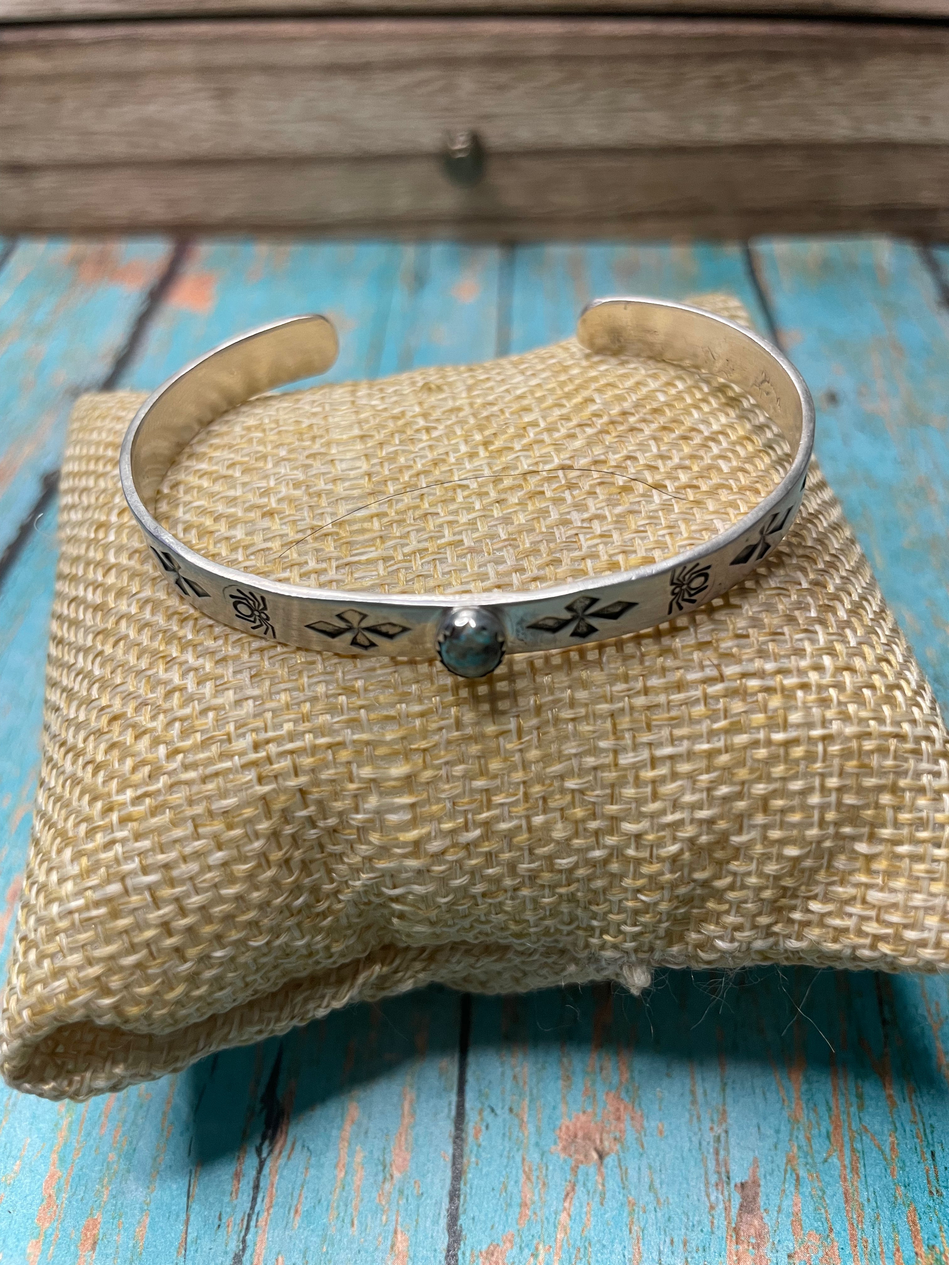 Handcrafted Hand Stamped Sterling Silver & Turquoise Cuff Bracelet Signed B Shorty