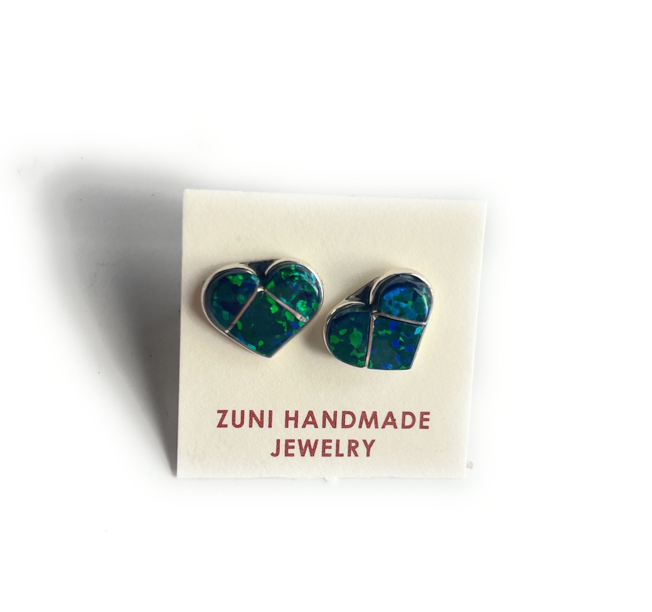 Zuni Sterling Silver & Dark Green Opal Inlay Heart Stud Earrings