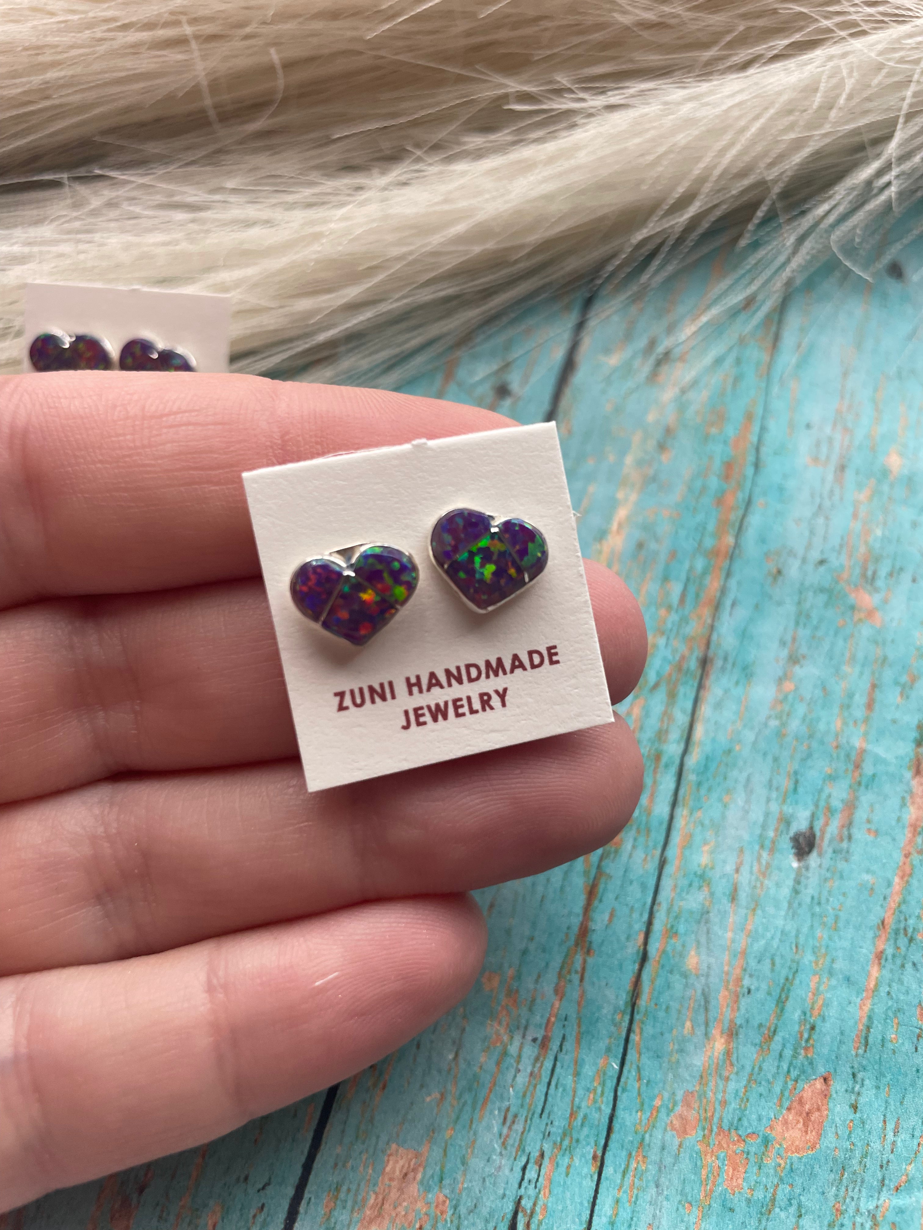 Zuni Sterling Silver & Fire Purple Opal Inlay Heart Stud Earrings