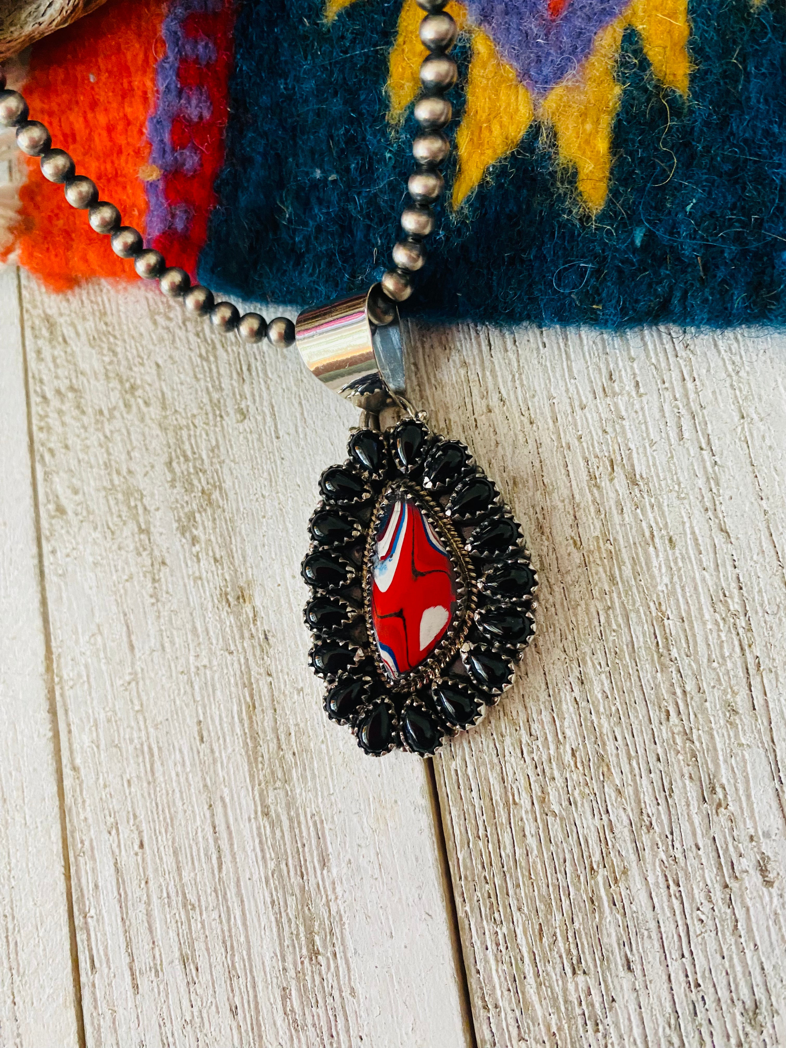 Handmade Sterling Silver, Fordite & Onyx Cluster Pendant