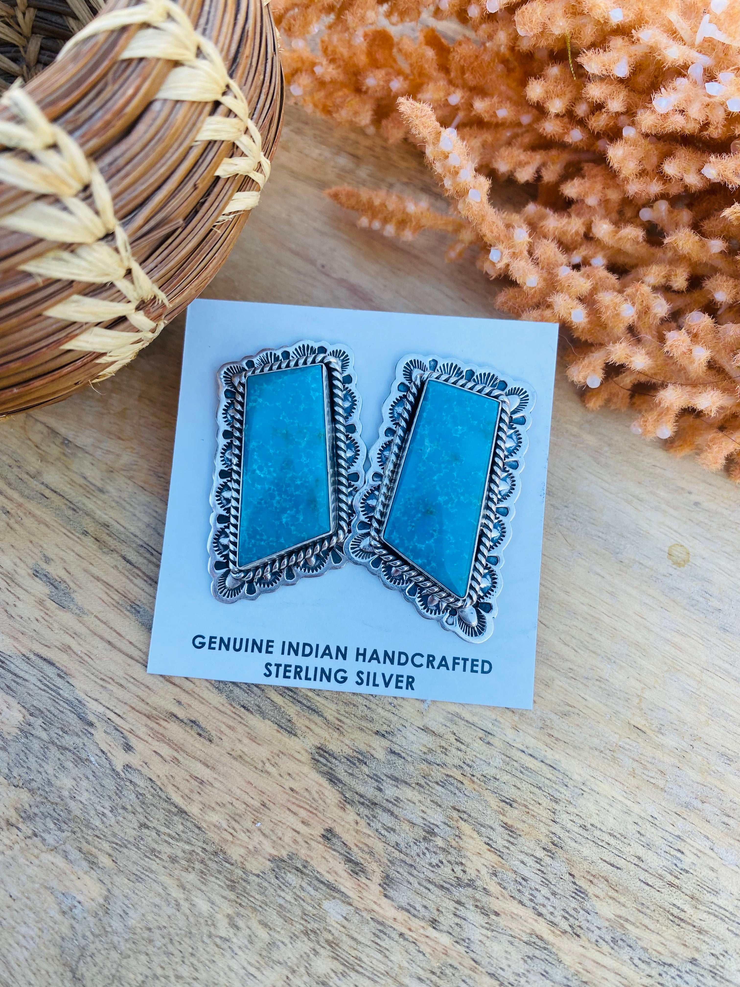 Handcrafted Vintage Turquoise & Sterling Silver Post Earrings Signed