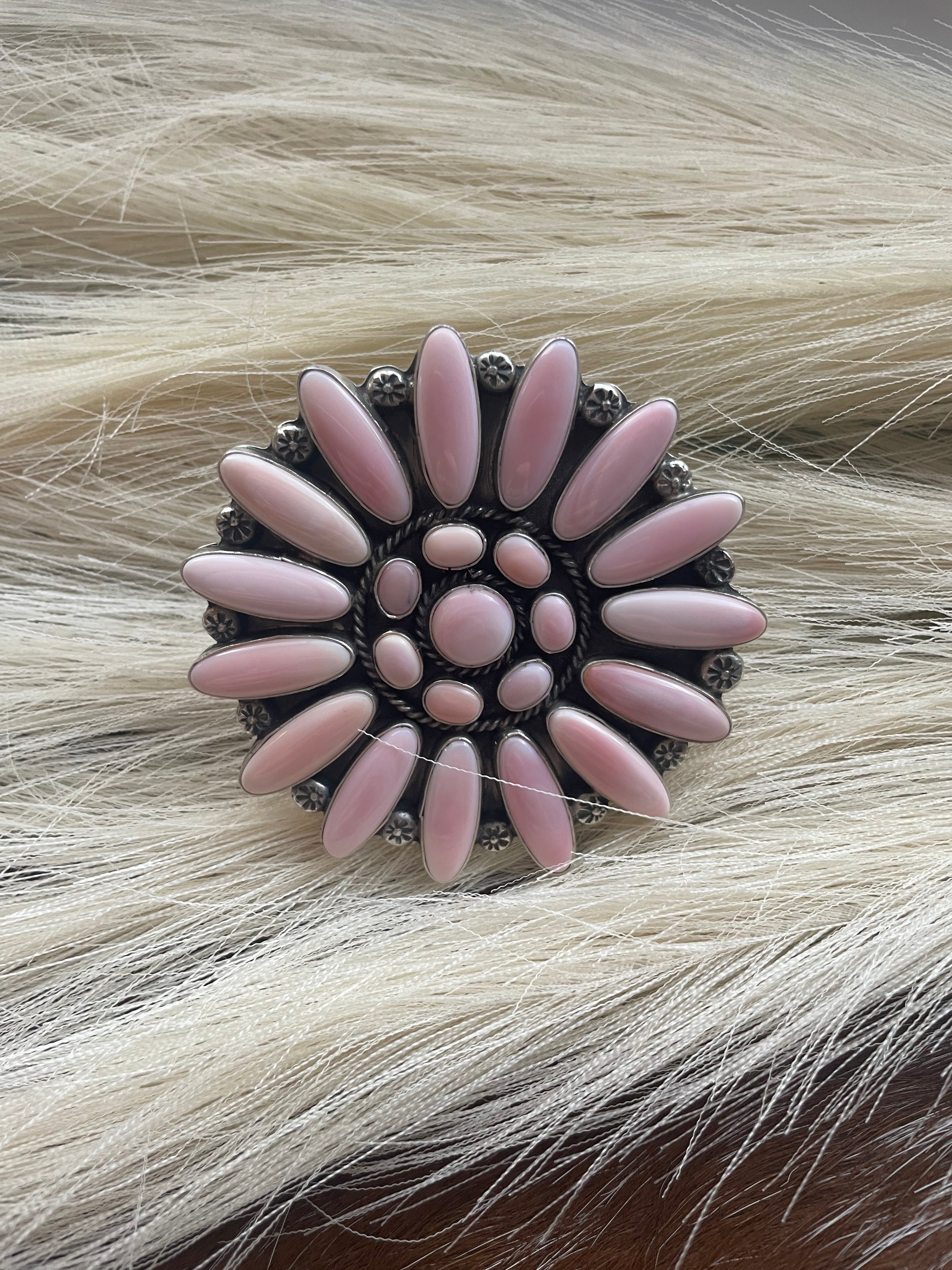 Handcrafted Sterling and Queen Pink Conch Shell Adjustable Statement Ring Signed C Yazzie