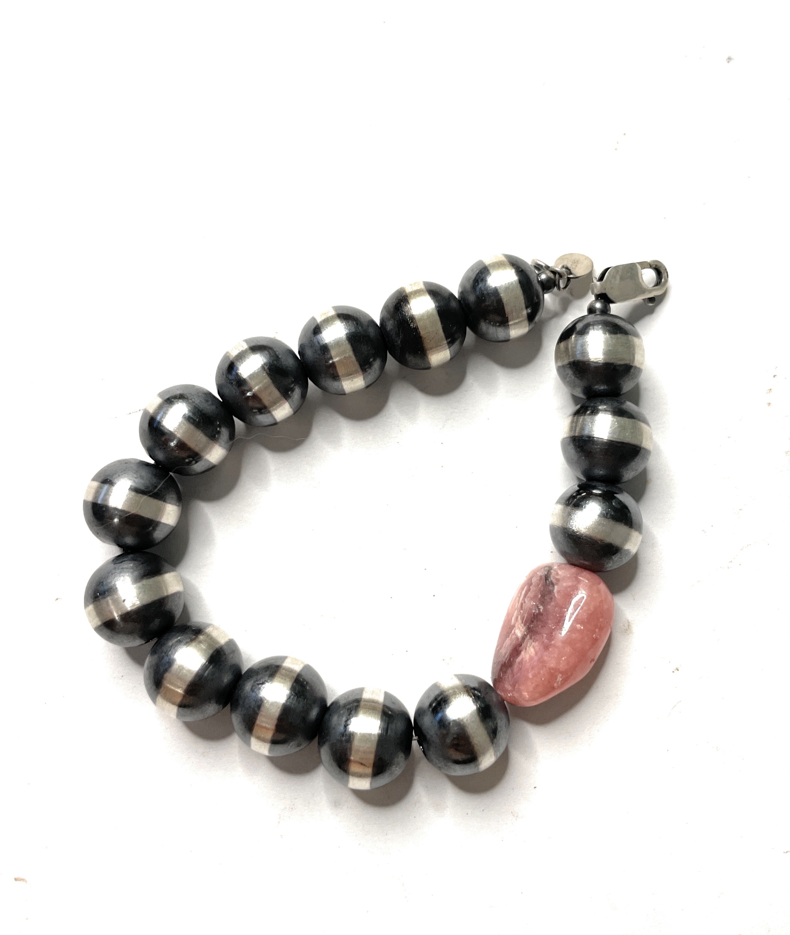 Handcrafted Sterling Silver And Rhodochrosite 12mm Beaded Bracelet