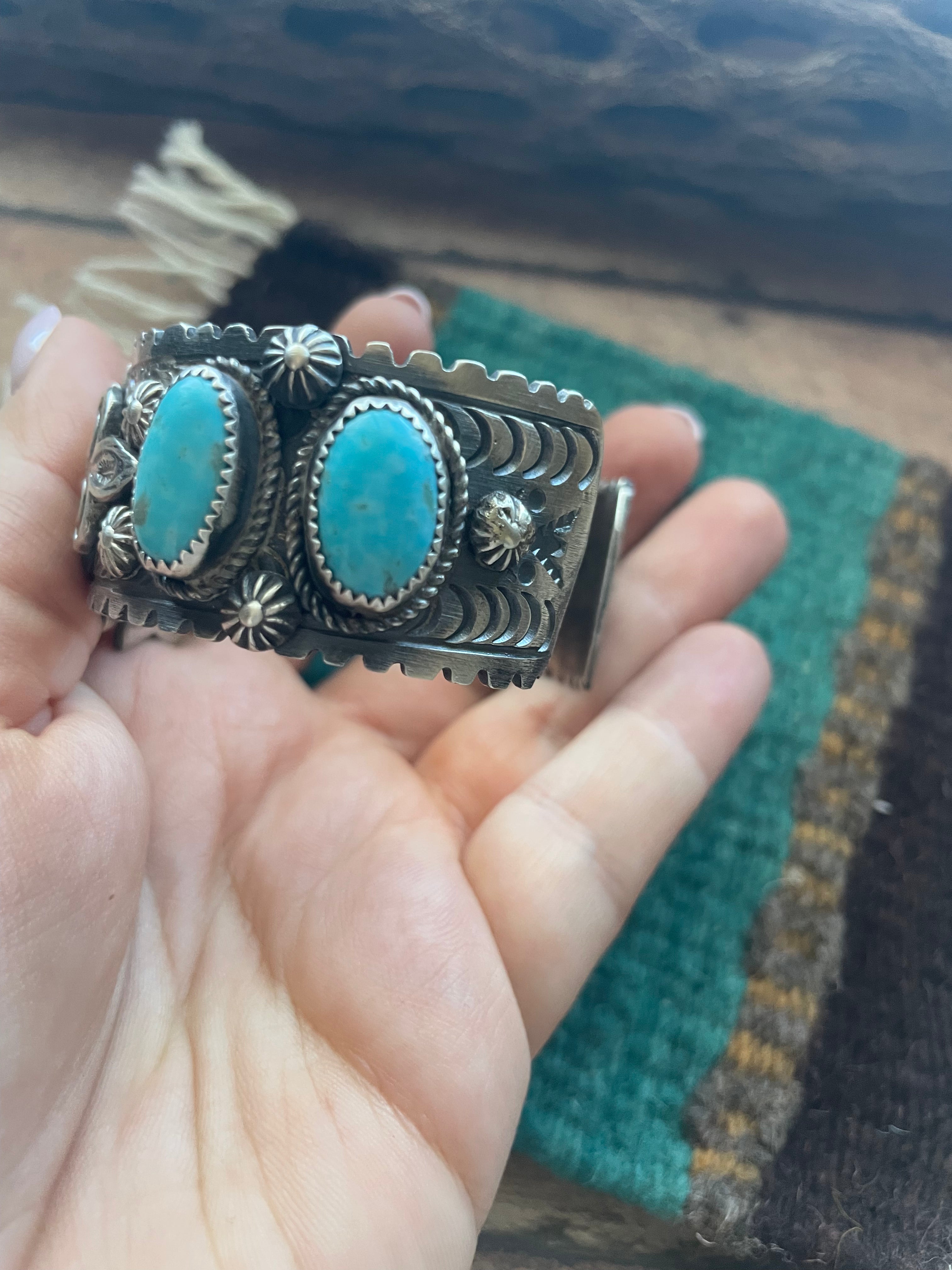 Navajo Sterling Cuff & Kingman Turquoise Cuff Bracelet Signed /