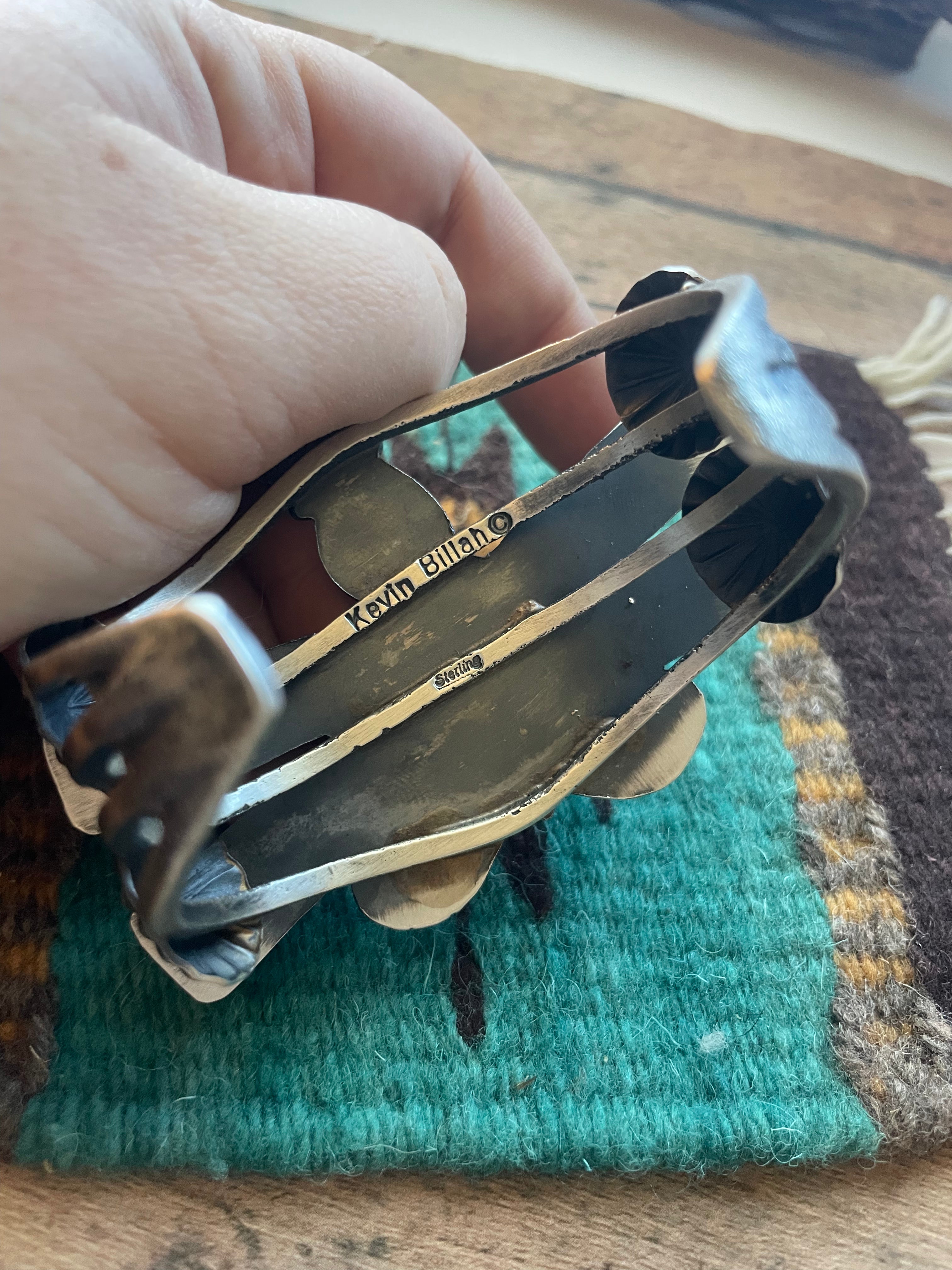 Navajo Kingman Turquoise, Spiny & Sterling Silver Dragonfly Cuff Bracelet Signed Kevin Billah