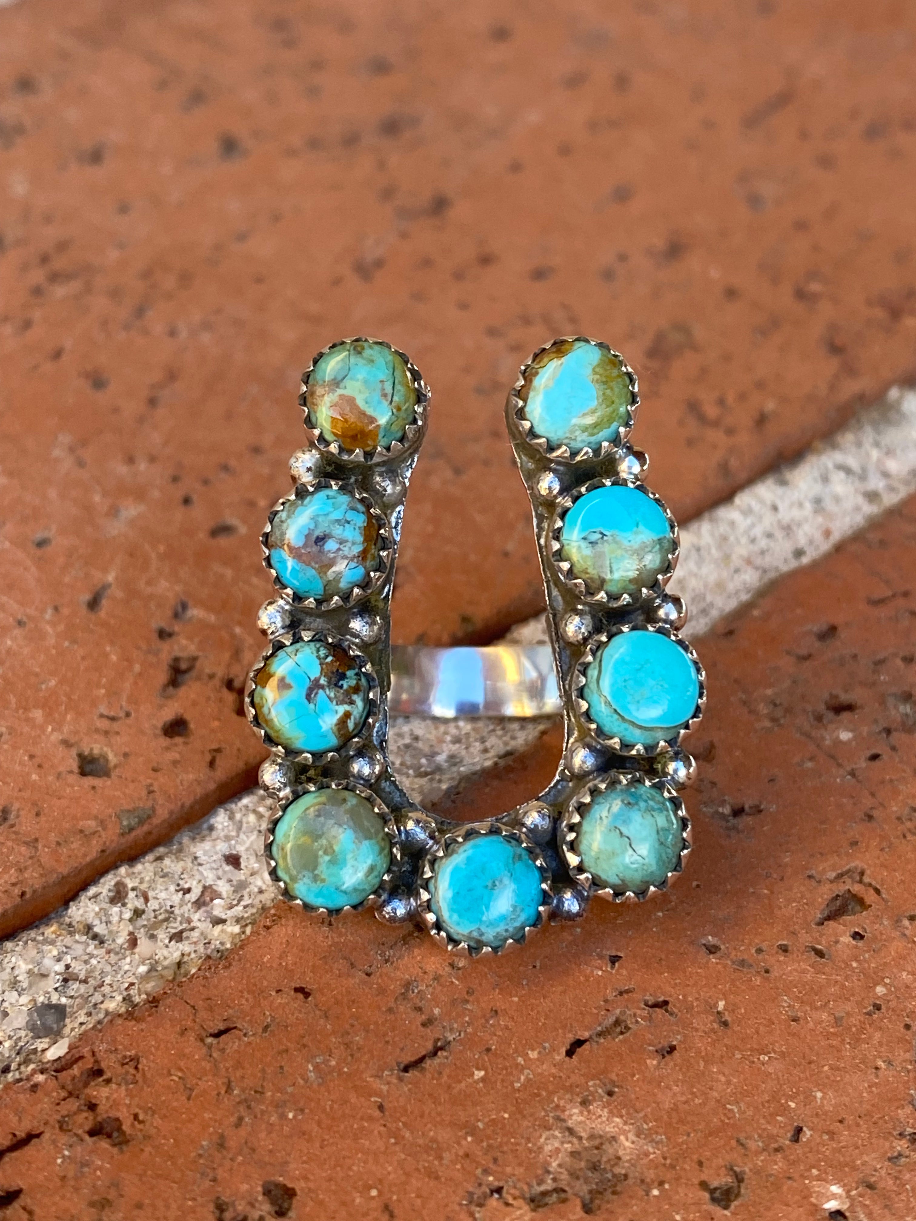 Handmade Horseshoe Sterling Silver & Natural Royston Turquoise Cluster Ring