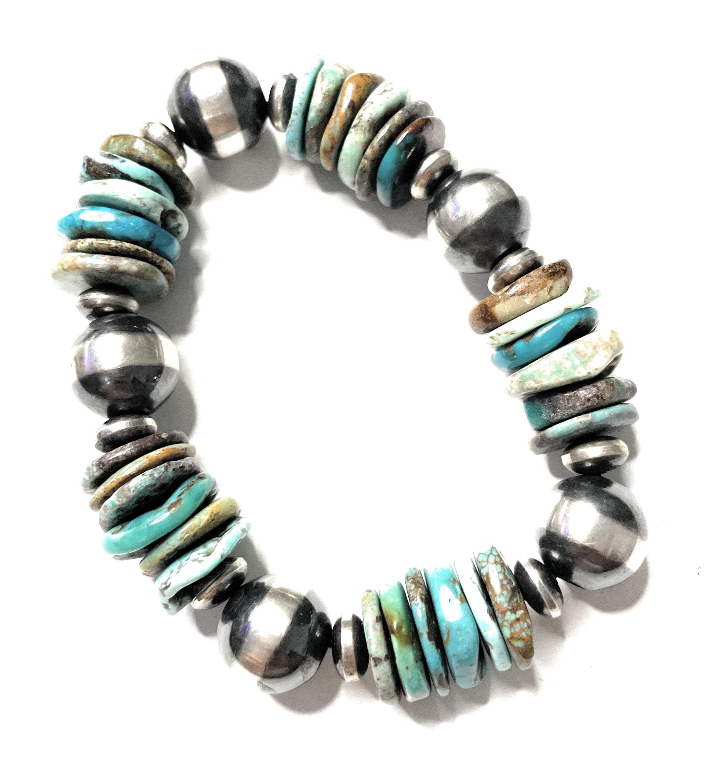 Handcrafted Sterling Silver Stretchy Natural #8 Turquoise Beaded Bracelet