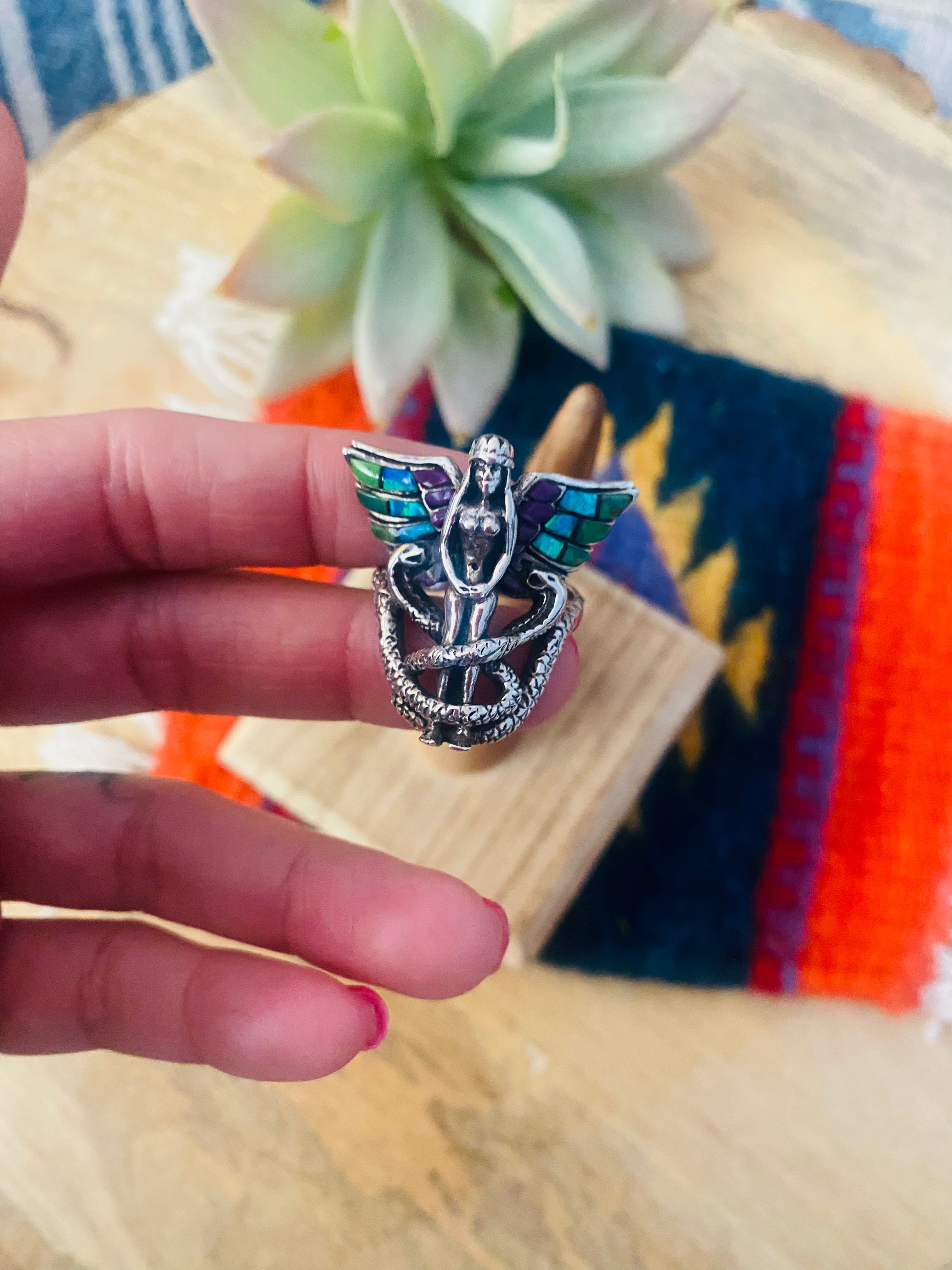 Handmade Sterling Silver & Multi Stone Inlay Snake Queen Ring Size 9.5