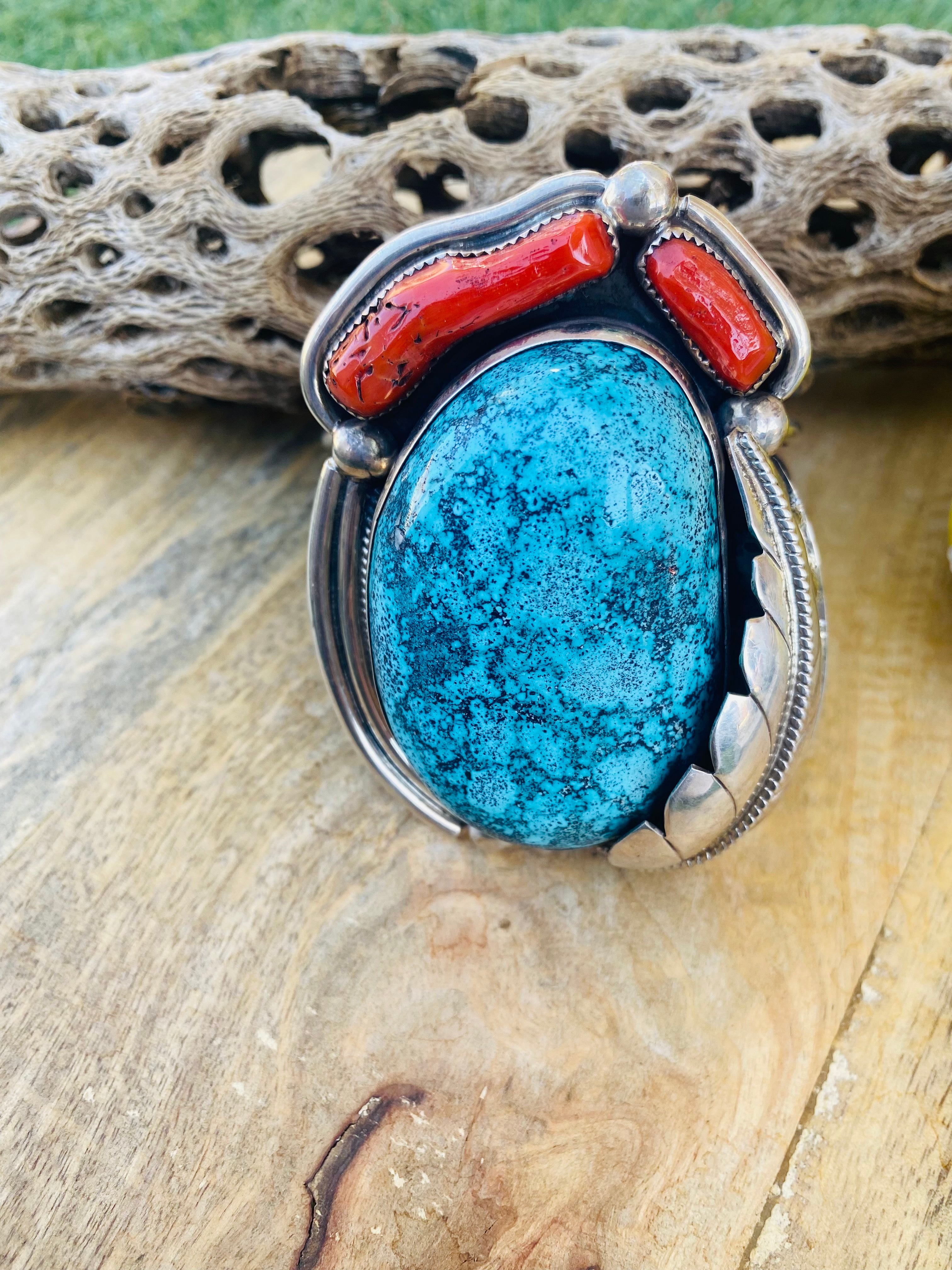 Handcrafted Incredible Bisbee Turquoise, Coral & Sterling Silver Jumbo Cuff Bracelet /