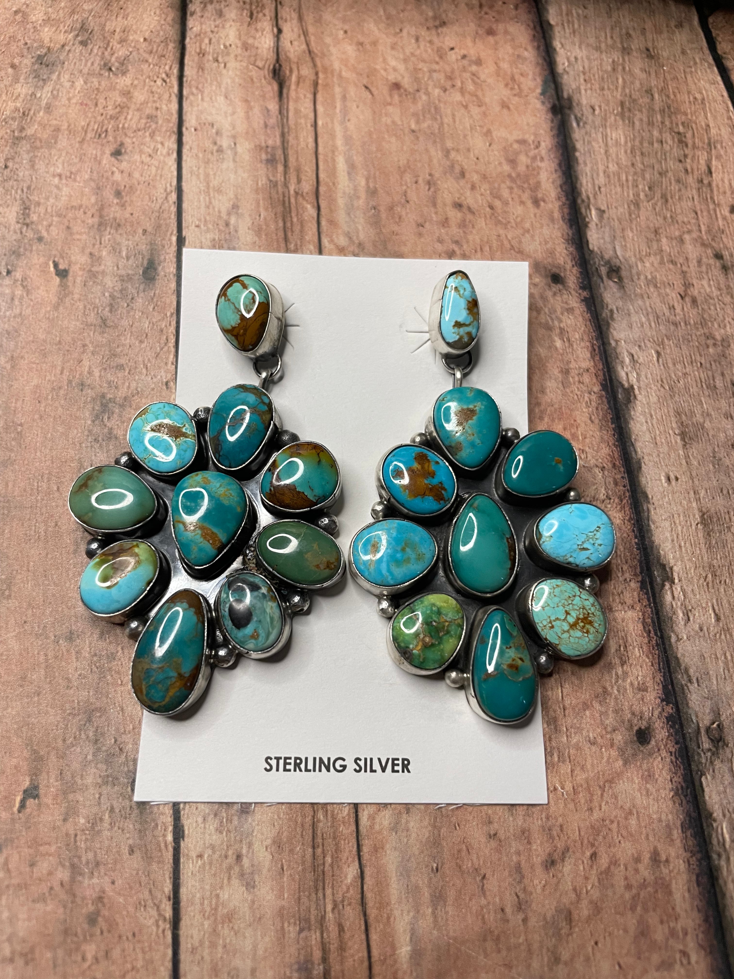 Handcrafted Sterling Silver And Multi Stone Turquoise Dangle Earrings Signed Sheila Becenti