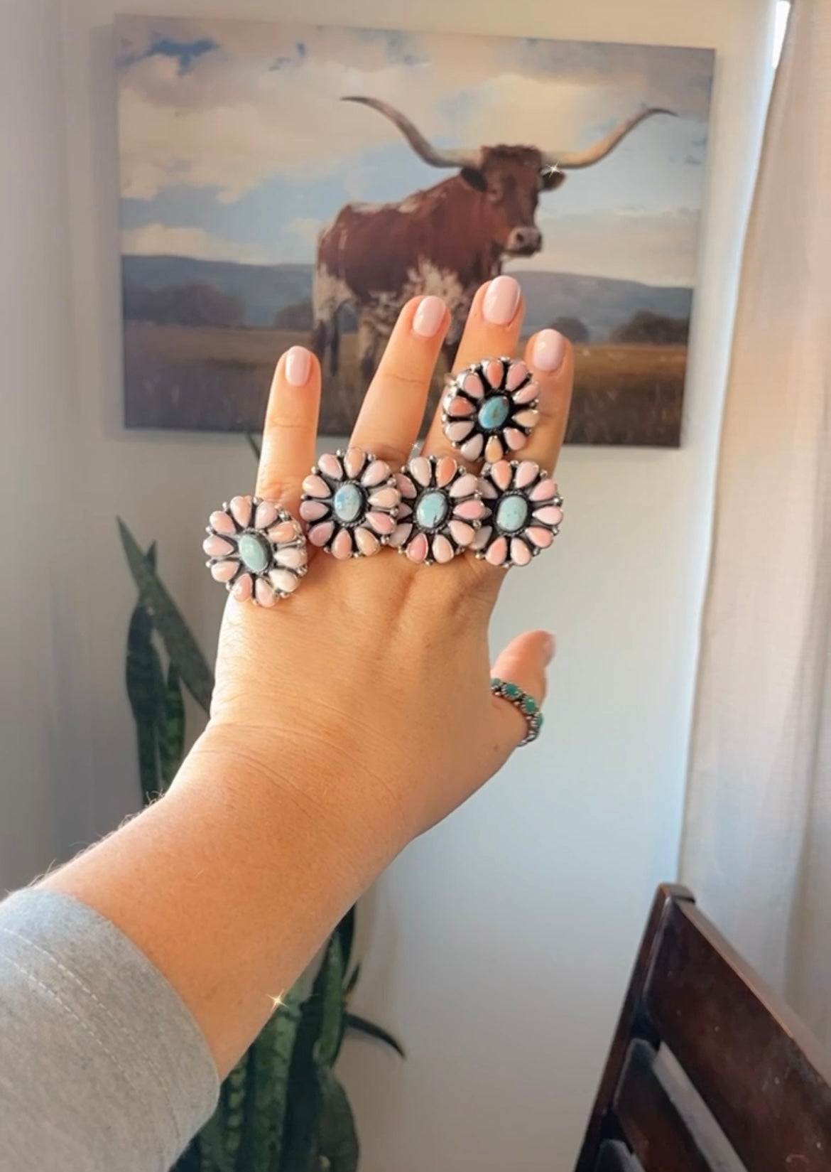 Handcrafted Golden Hills Turquoise, Pink Conch, and Sterling Silver Adjustable Ring Signed C. Yazzie