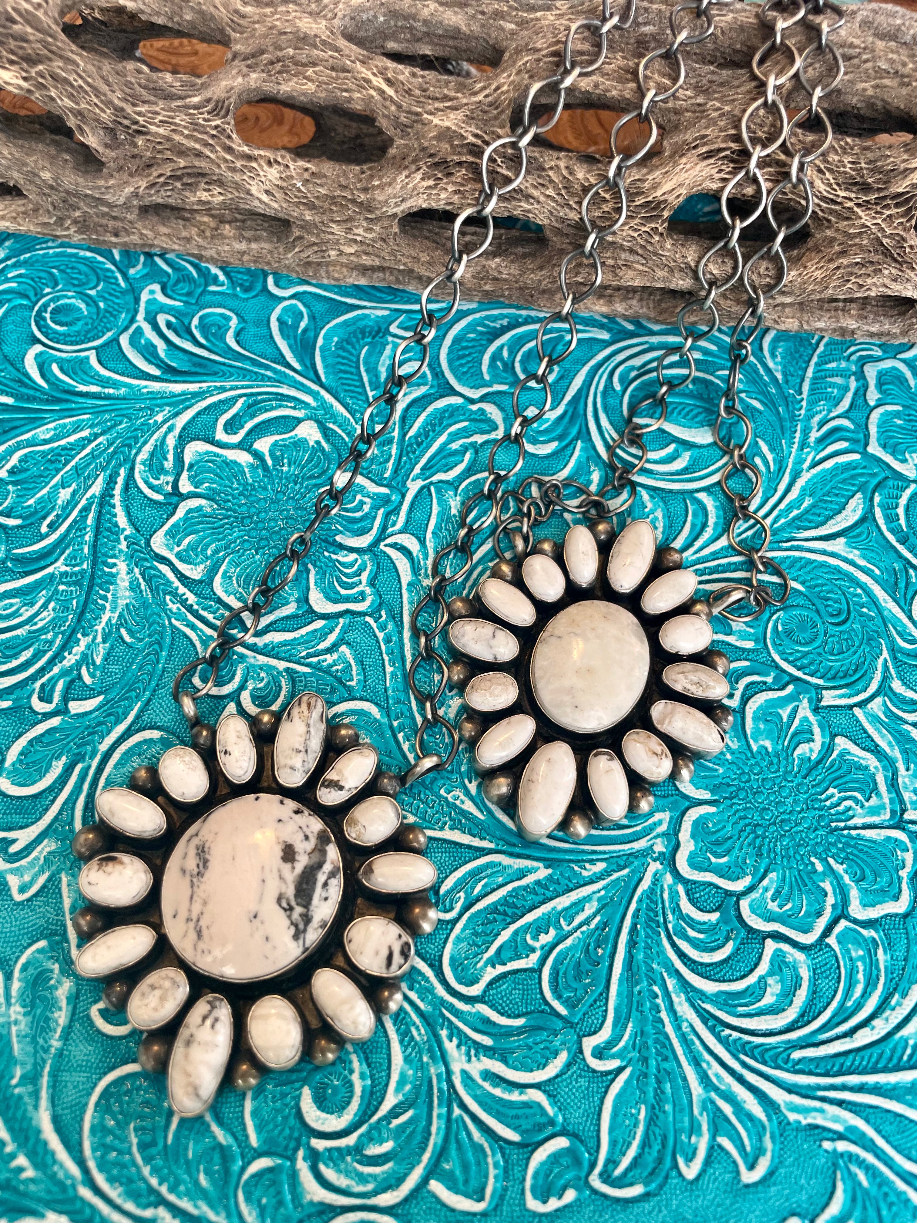 Navajo White Buffalo And Sterling Silver Cluster Necklace Signed & Stamped