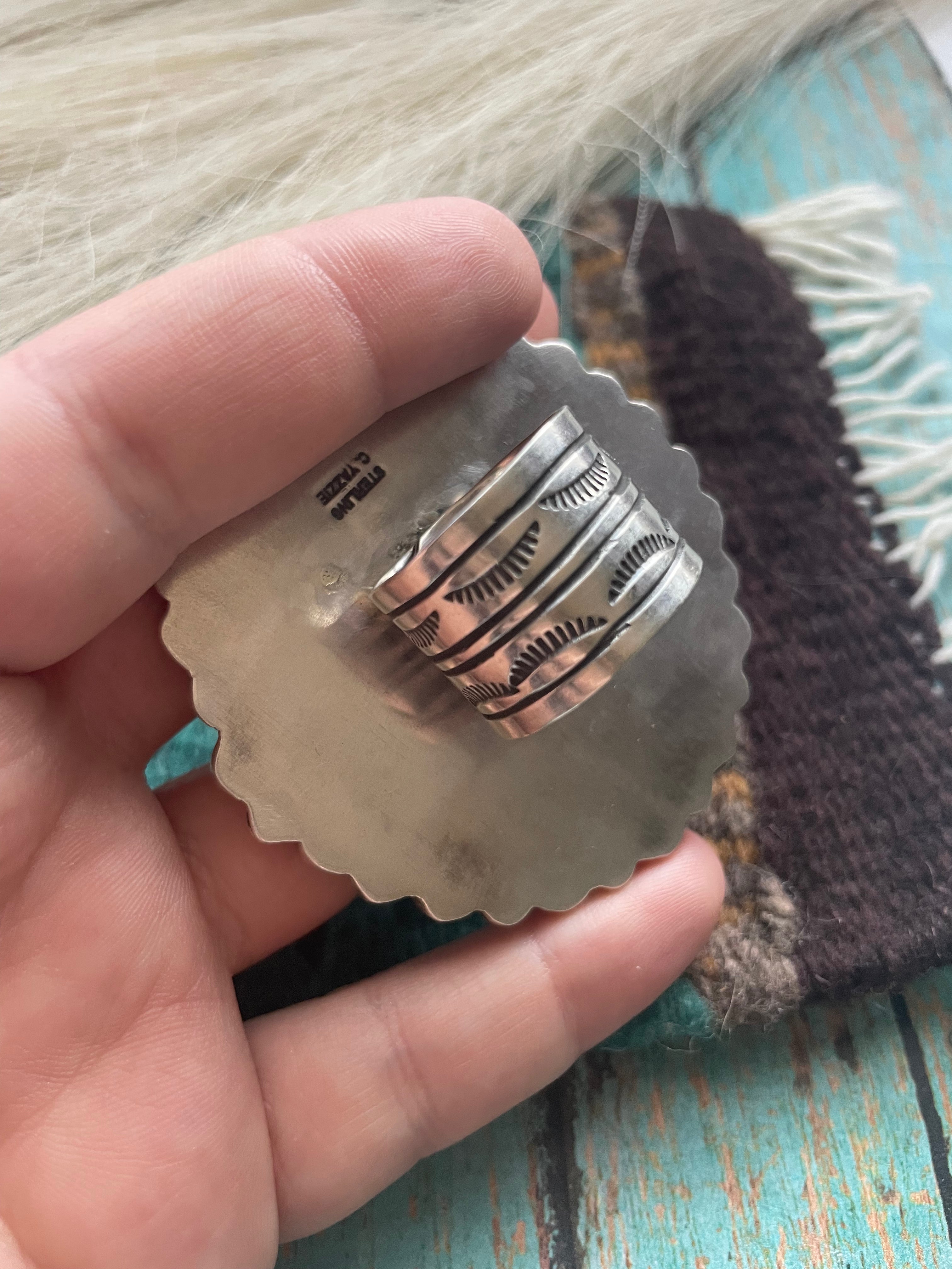 Handcrafted Sterling and Queen Pink Conch Shell Adjustable Statement Ring Signed C Yazzie