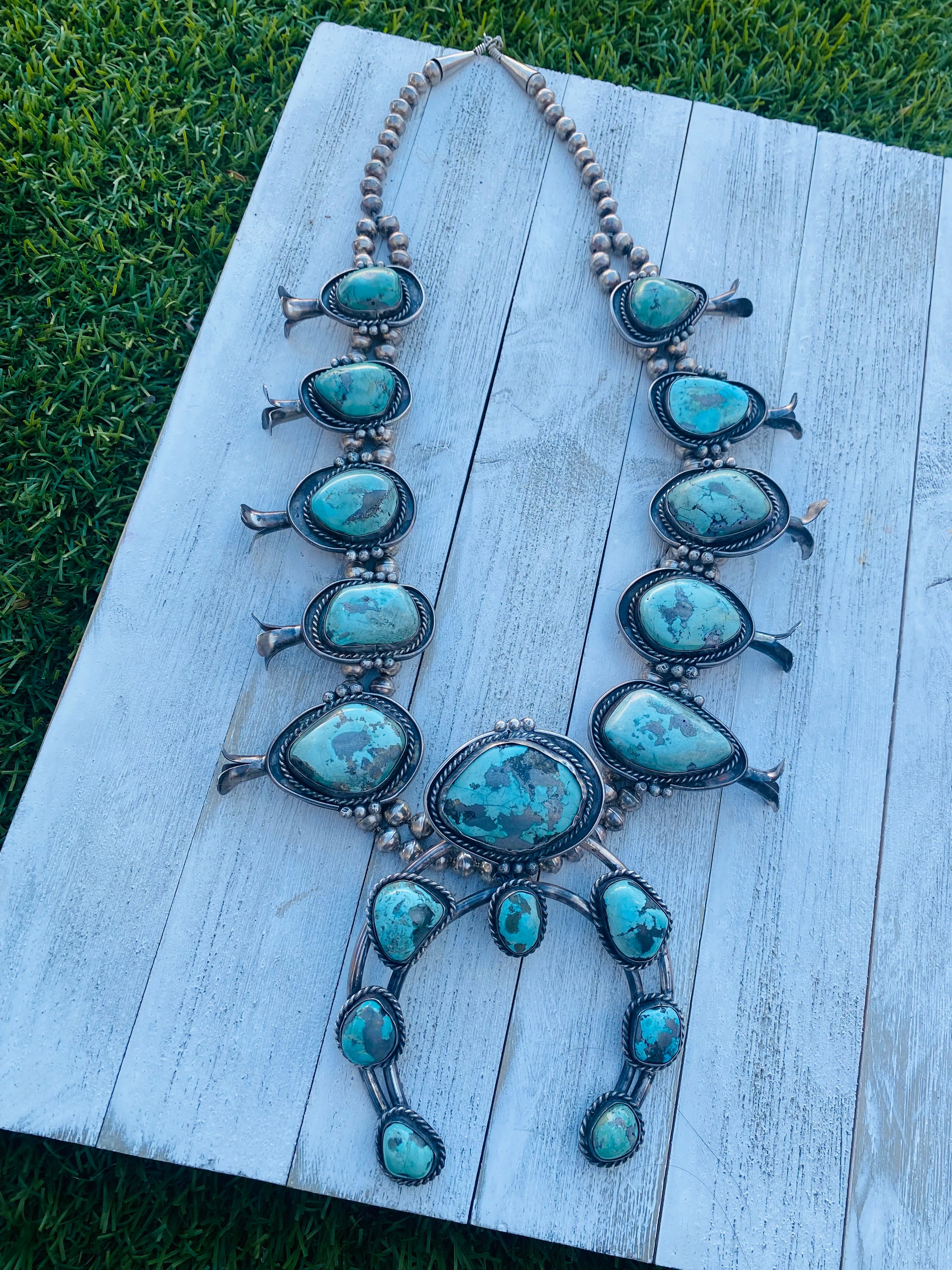 Handcrafted Vintage Turquoise & Sterling Silver Jumbo Squash Blossom Necklace