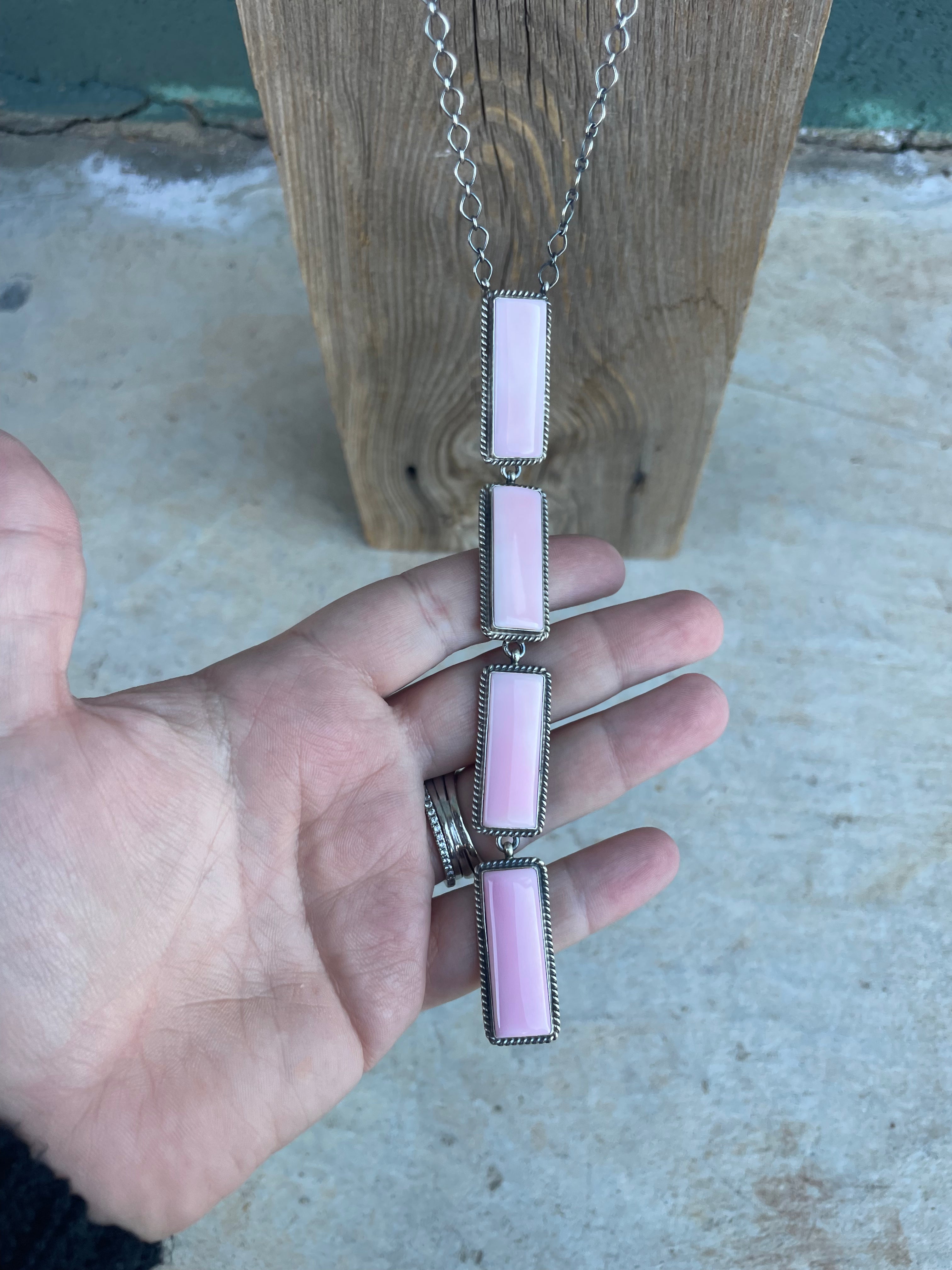 Handcrafted Queen Pink Conch Shell And Sterling Silver Drop Necklace Signed