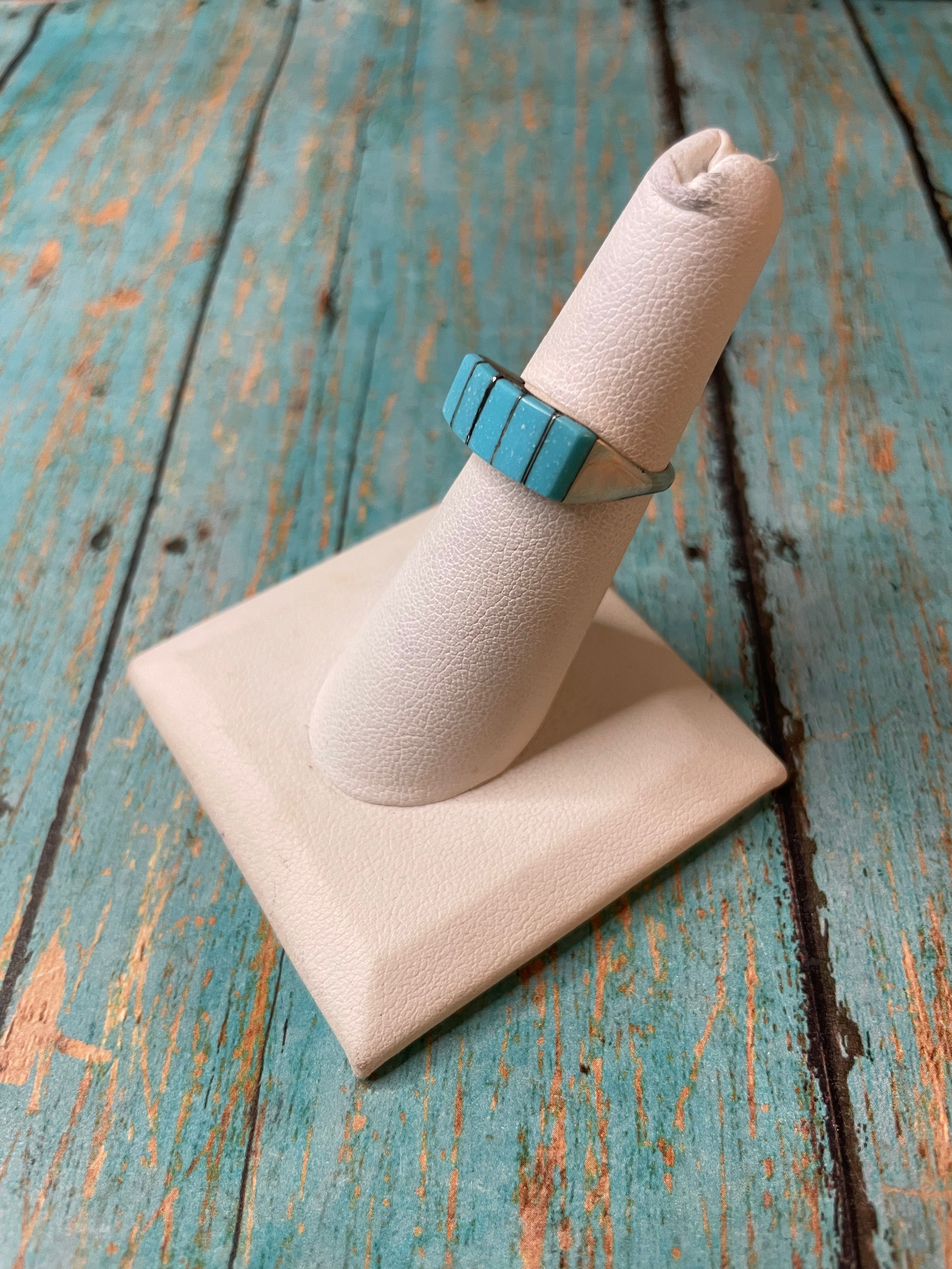 Handcrafted 5 Stone Inlay Turquoise & Sterling Silver Ring Signed