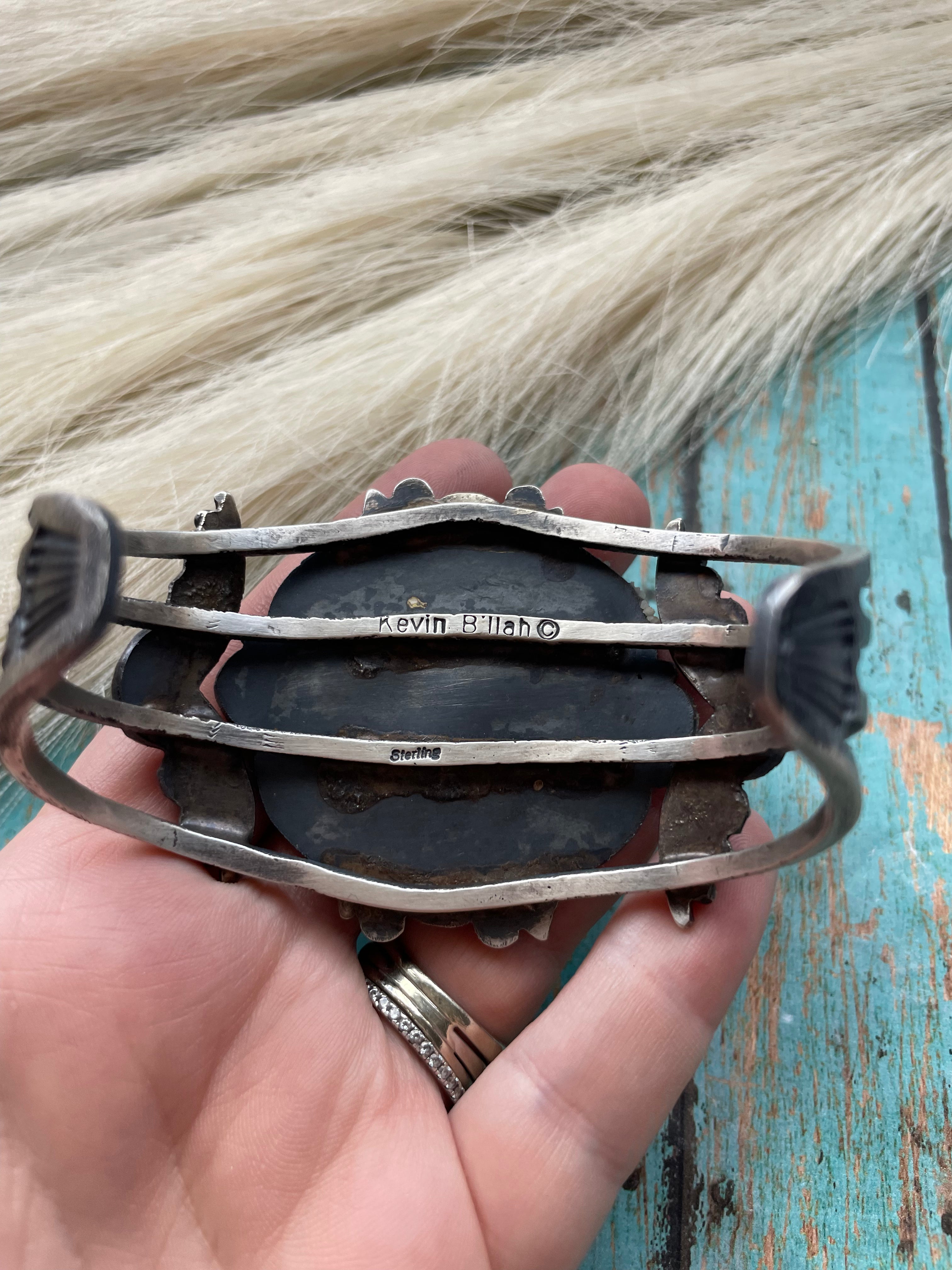 Navajo Orange Spiny Sterling Silver Cuff Bracelet Signed Kevin Billah /