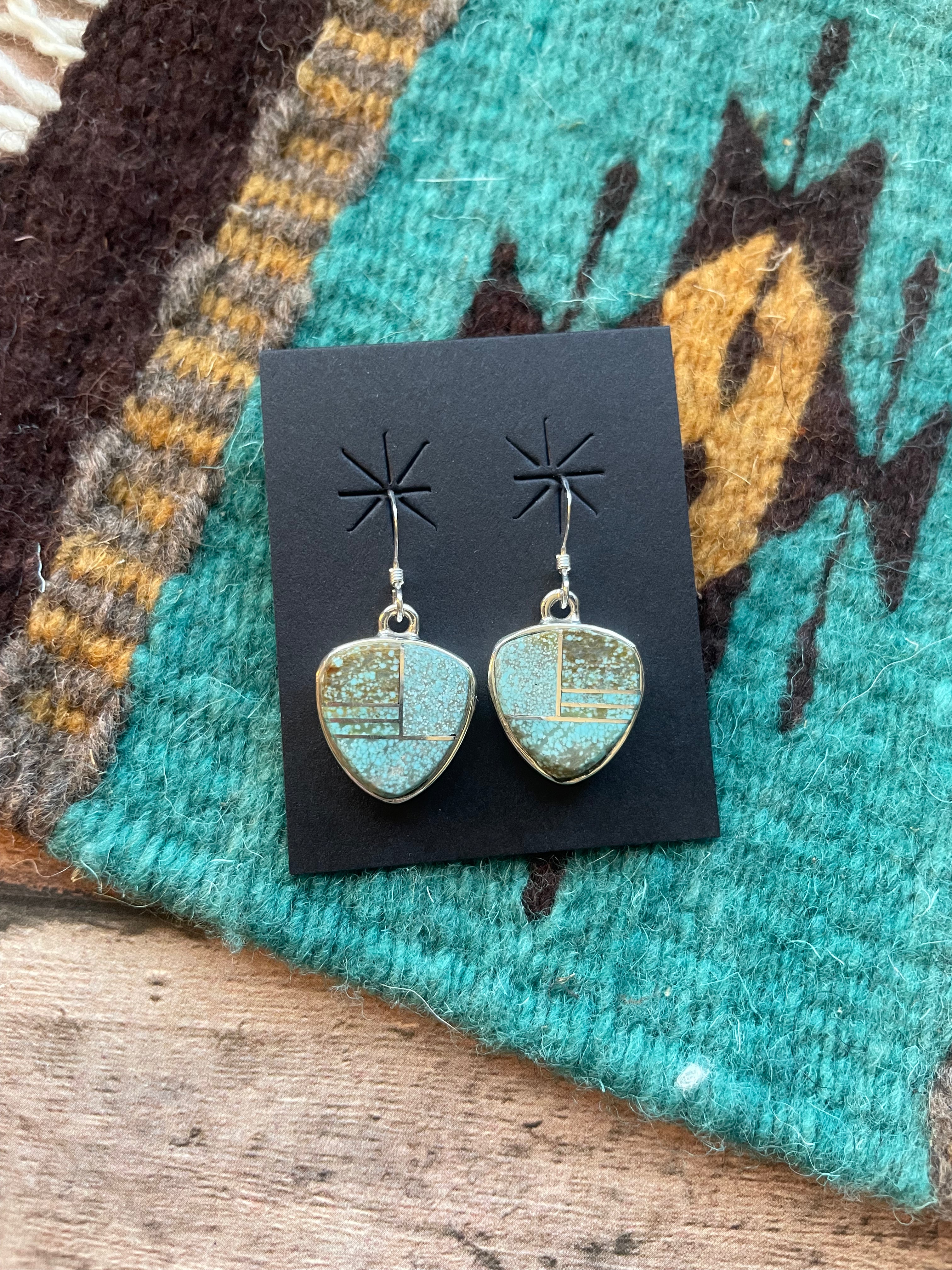 Navajo Number 8 Turquoise & Sterling Silver Inlay Dangle Earrings Signed