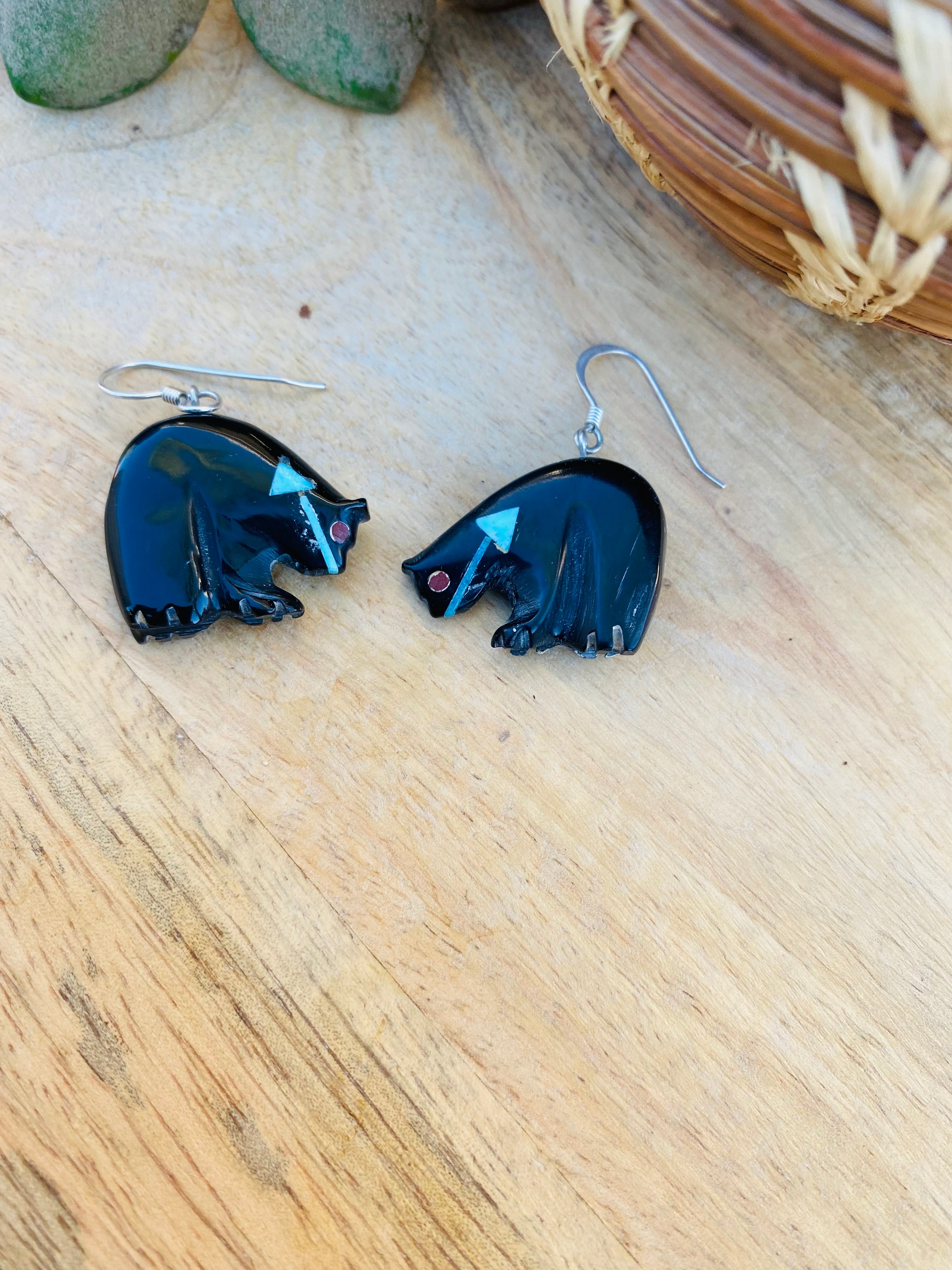 Handcrafted Vintage Jet & Turquoise Fetish Bear Earrings