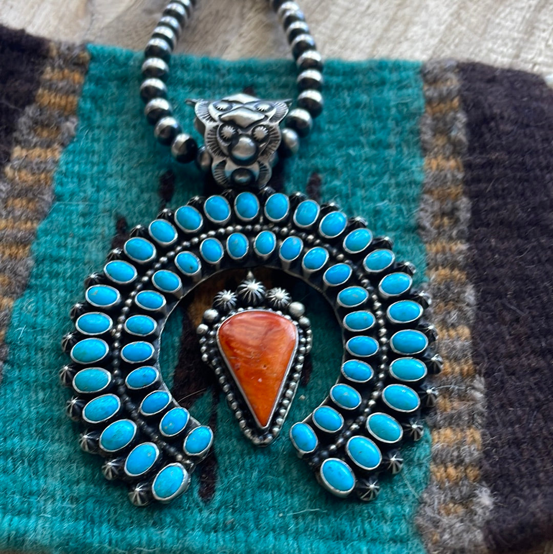Handcrafted Sterling Silver, Turquoise & Orange Spiny Naja Pendant Signed