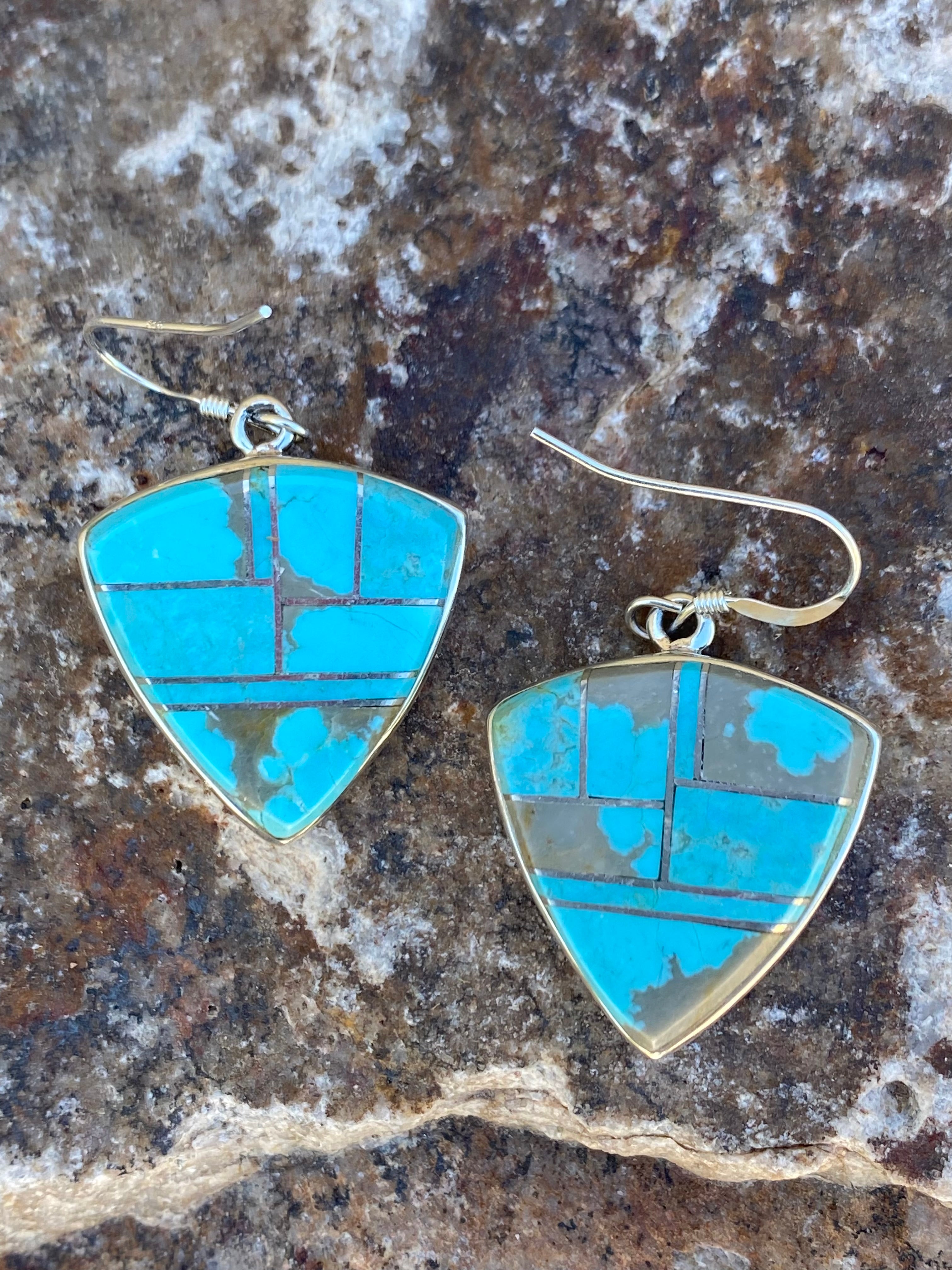 Handcrafted Turquoise 8 & Sterling Silver Shield Dangle Earrings