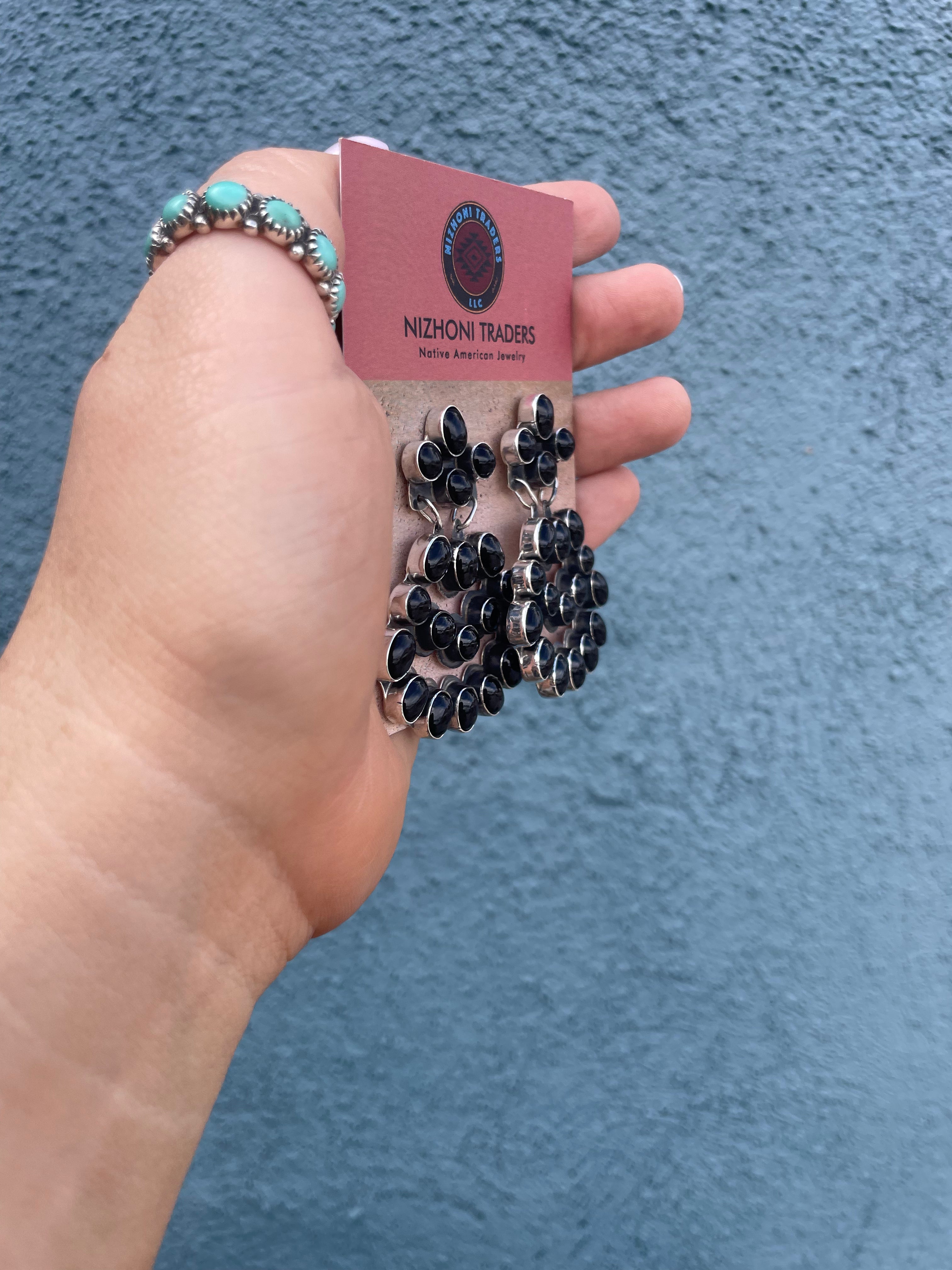 Handcrafted Sterling Silver & Black Onyx Dangle Earrings Signed