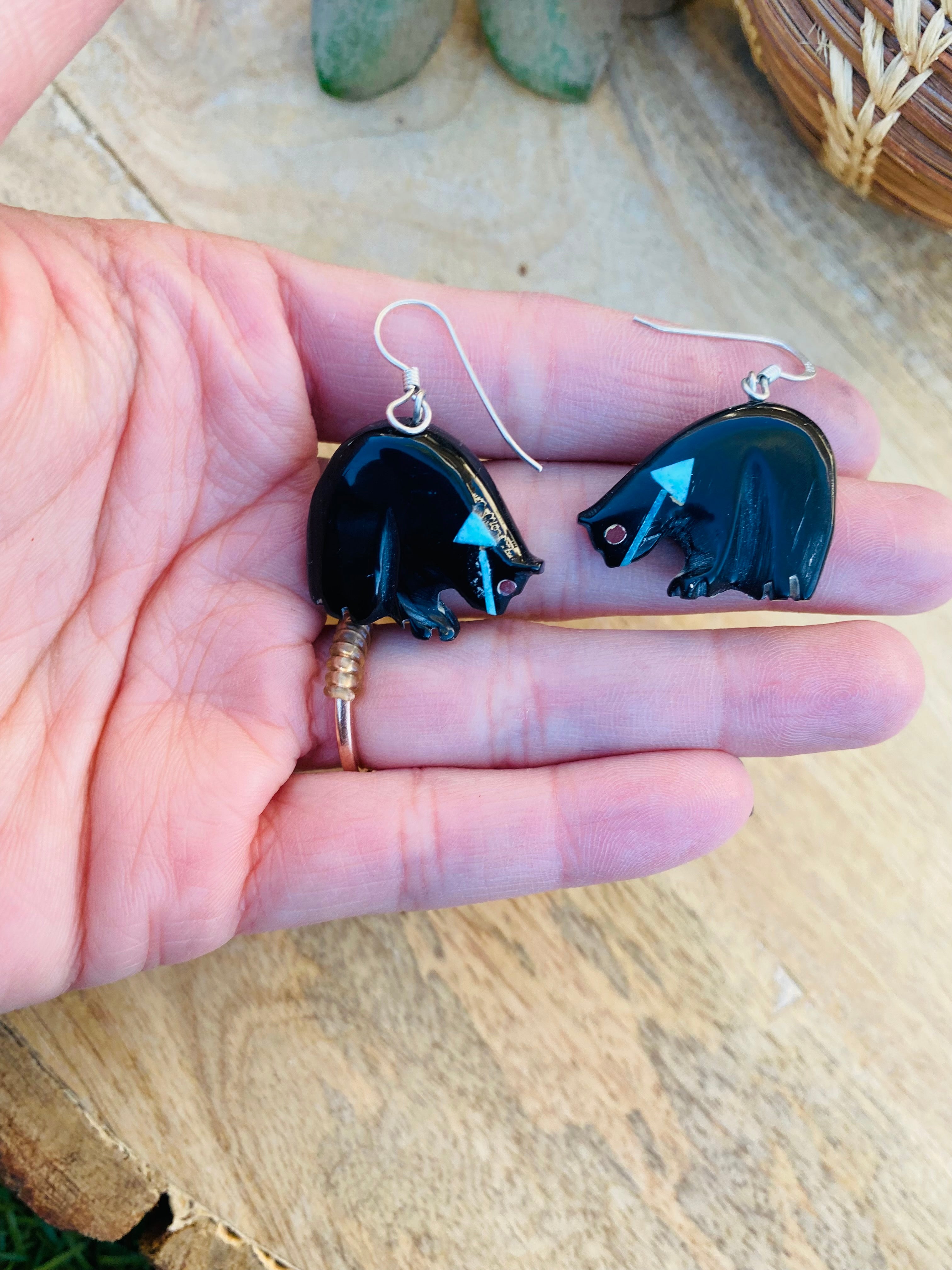 Handcrafted Vintage Jet & Turquoise Fetish Bear Earrings