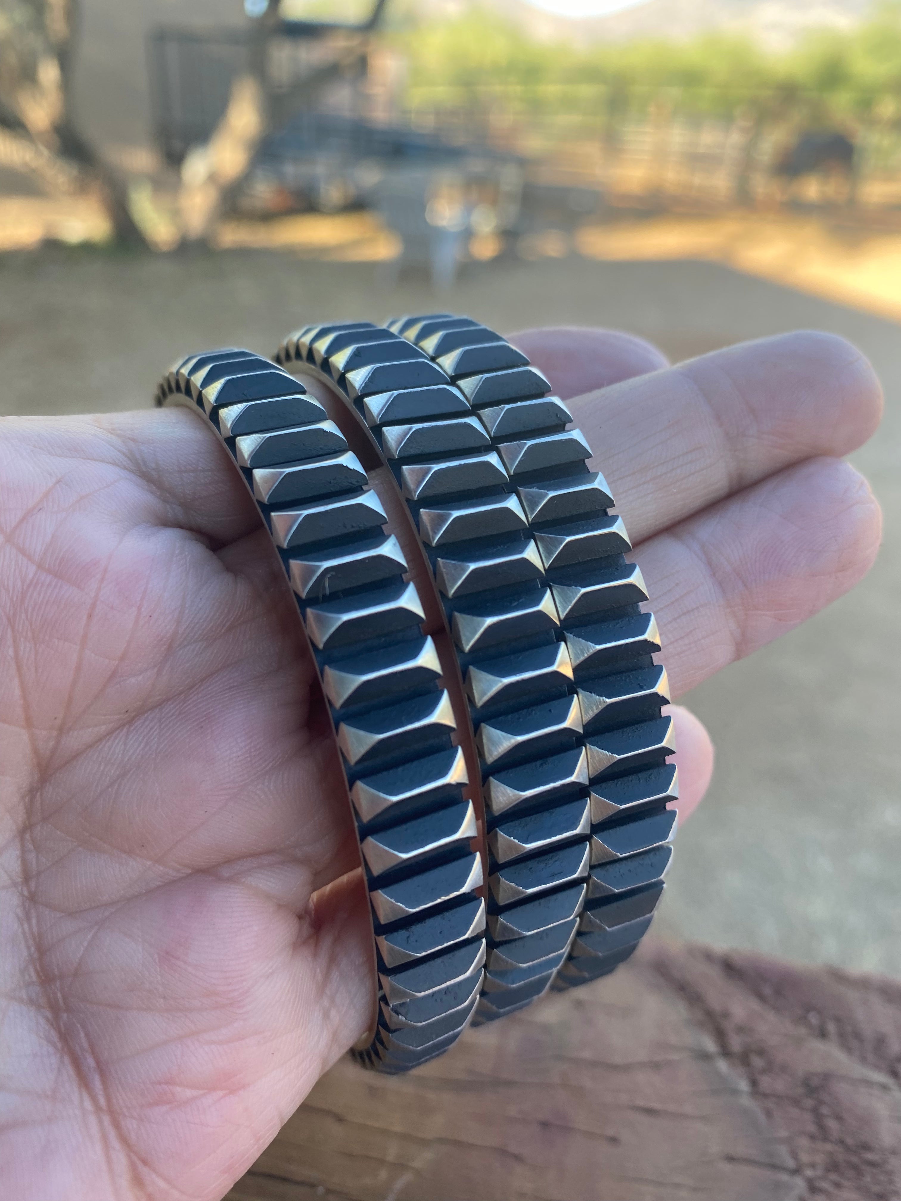 Leander Tahe Hand Stamped Sterling Navajo Bangle Signed