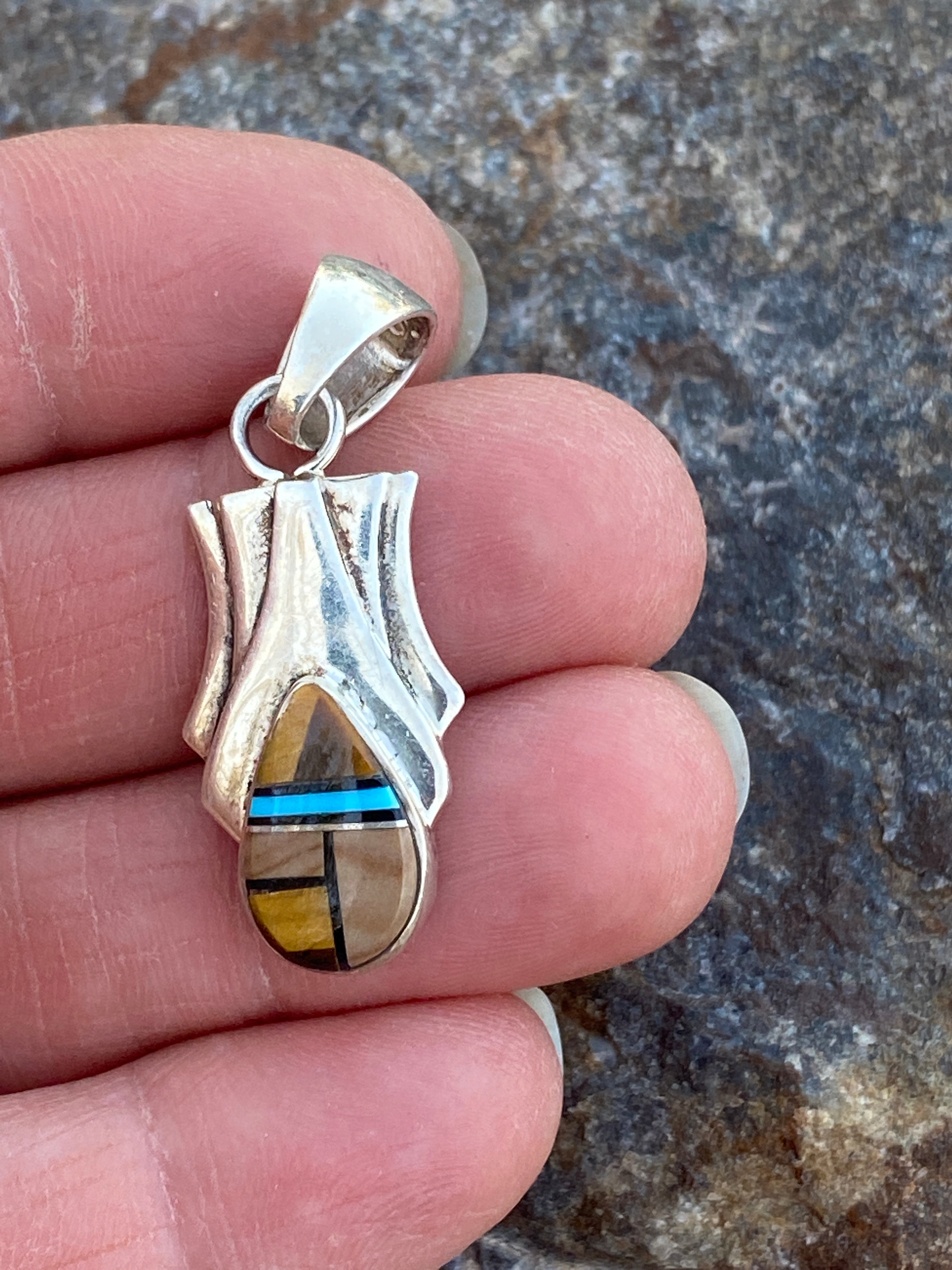 Handcrafted Turquoise, Onyx, Petrified Wood Pendant