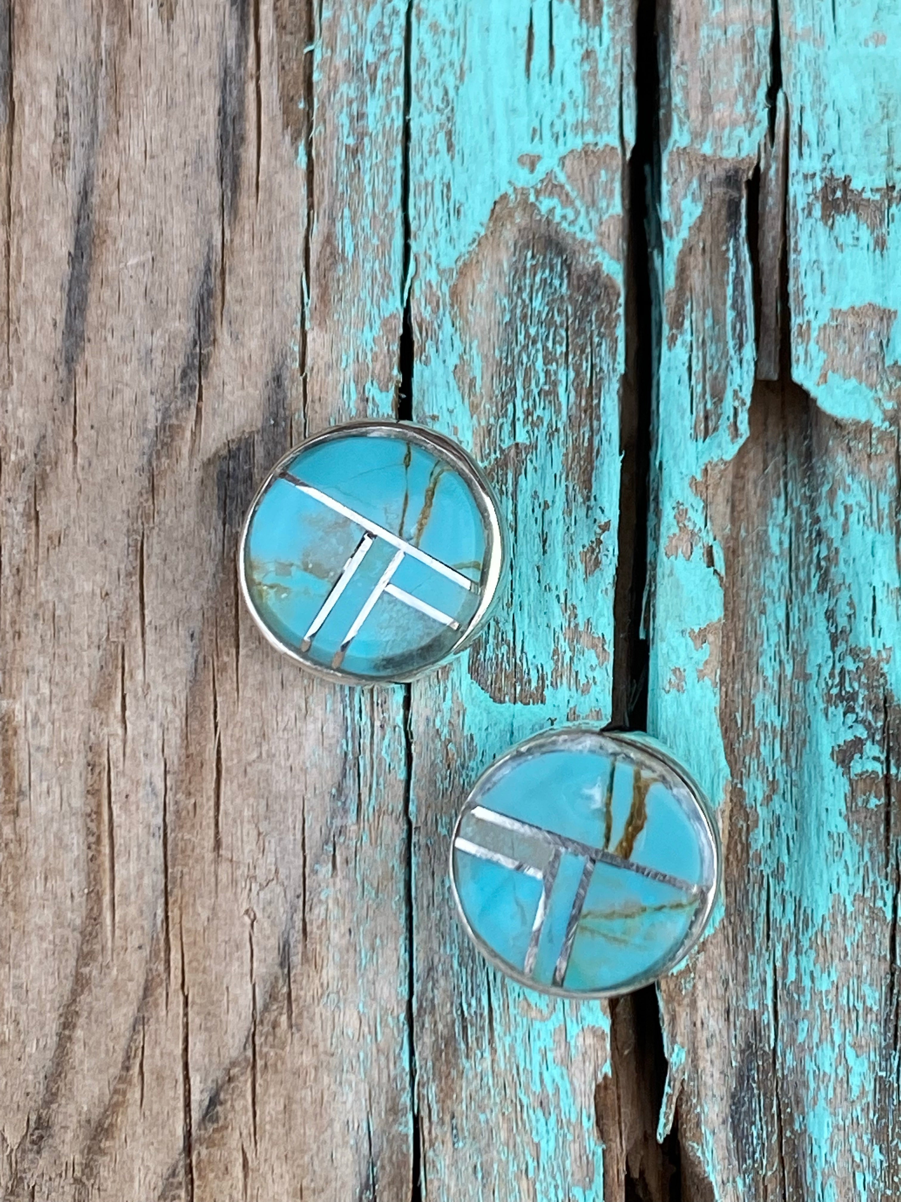 Handcrafted Turquoise & Sterling Silver button Stud Earrings set 1