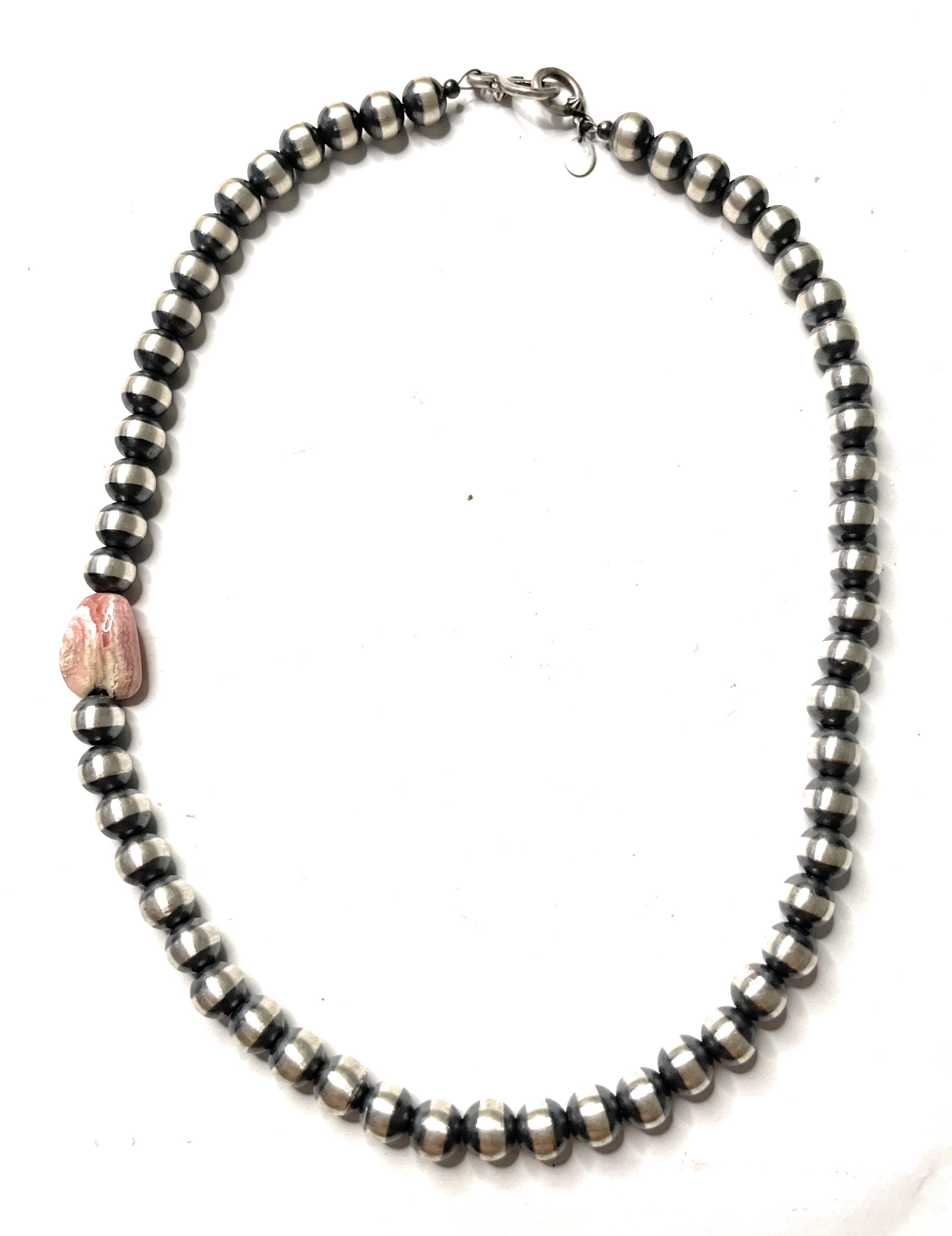Handcrafted Sterling Silver And Rhodochrosite 8mm Beaded Necklace 18”