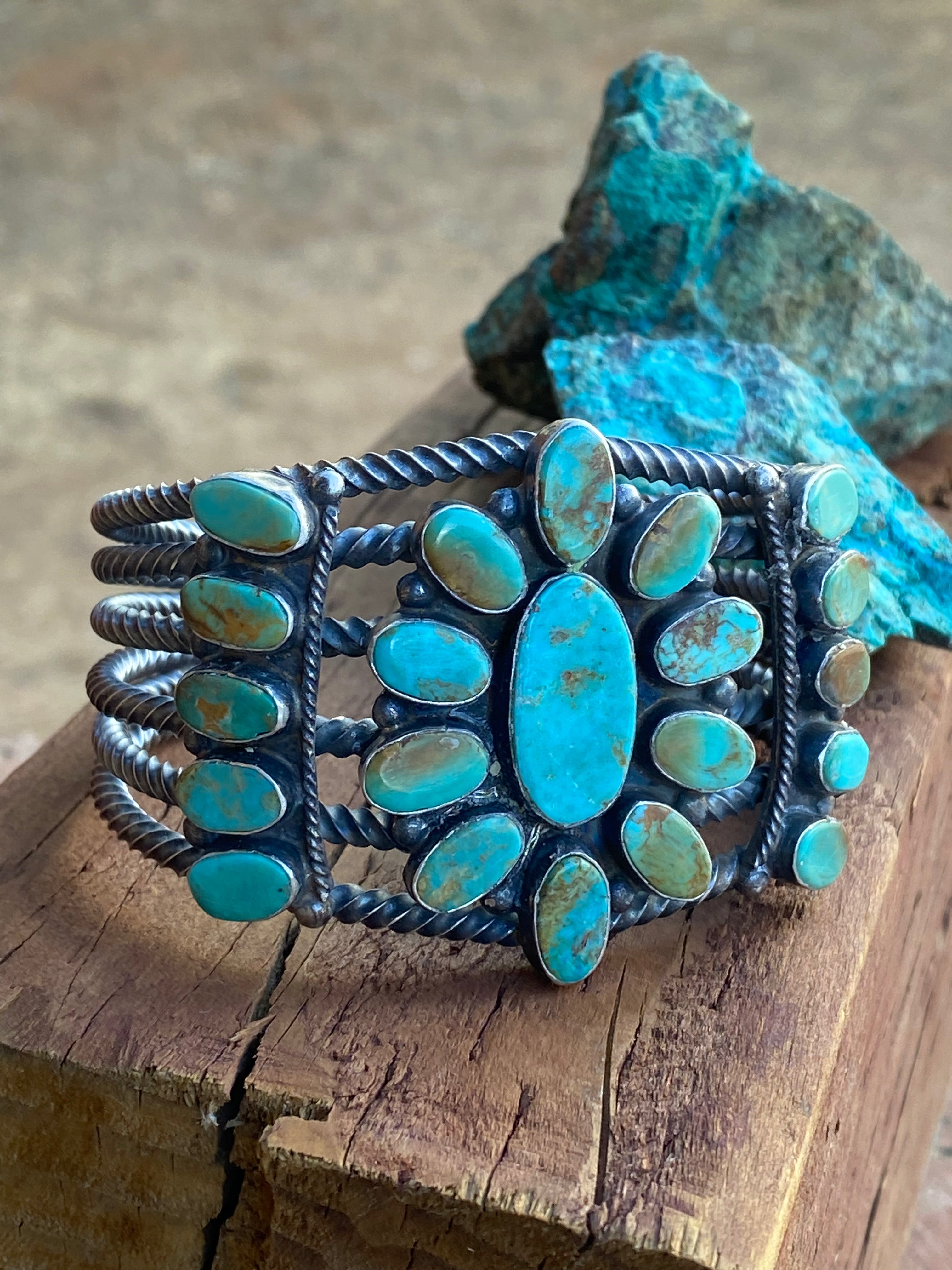 Navajo Jacqueline Silver Royston Turquoise & Sterling Cluster Cuff /