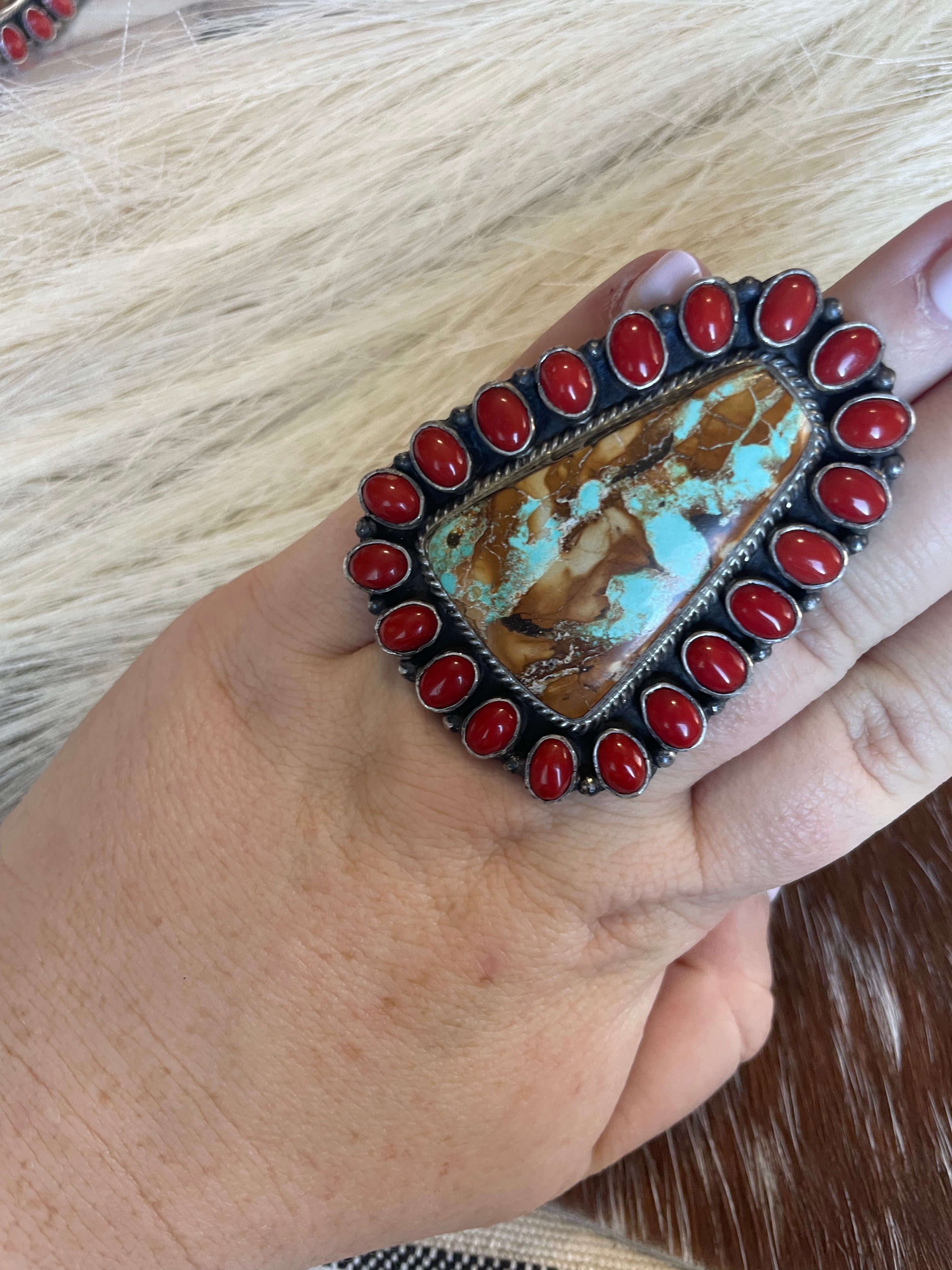 Navajo Number 8 Turquoise, Coral & Sterling Silver Ring Size 6 Signed G James