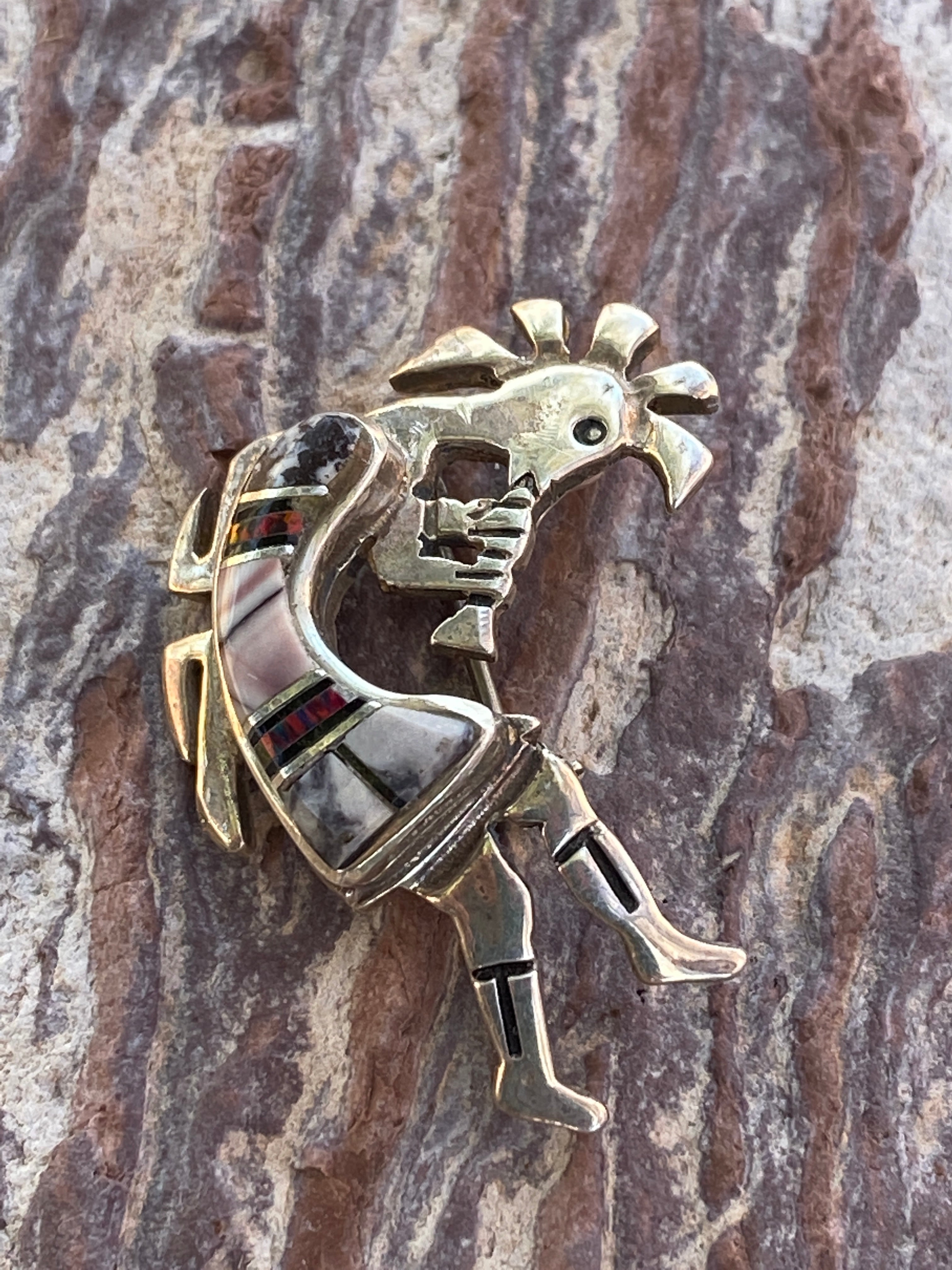 Handcrafted Onyx, Purple Spiny and Fire Opal Sterling Silver Kokopelli Pin Pendant