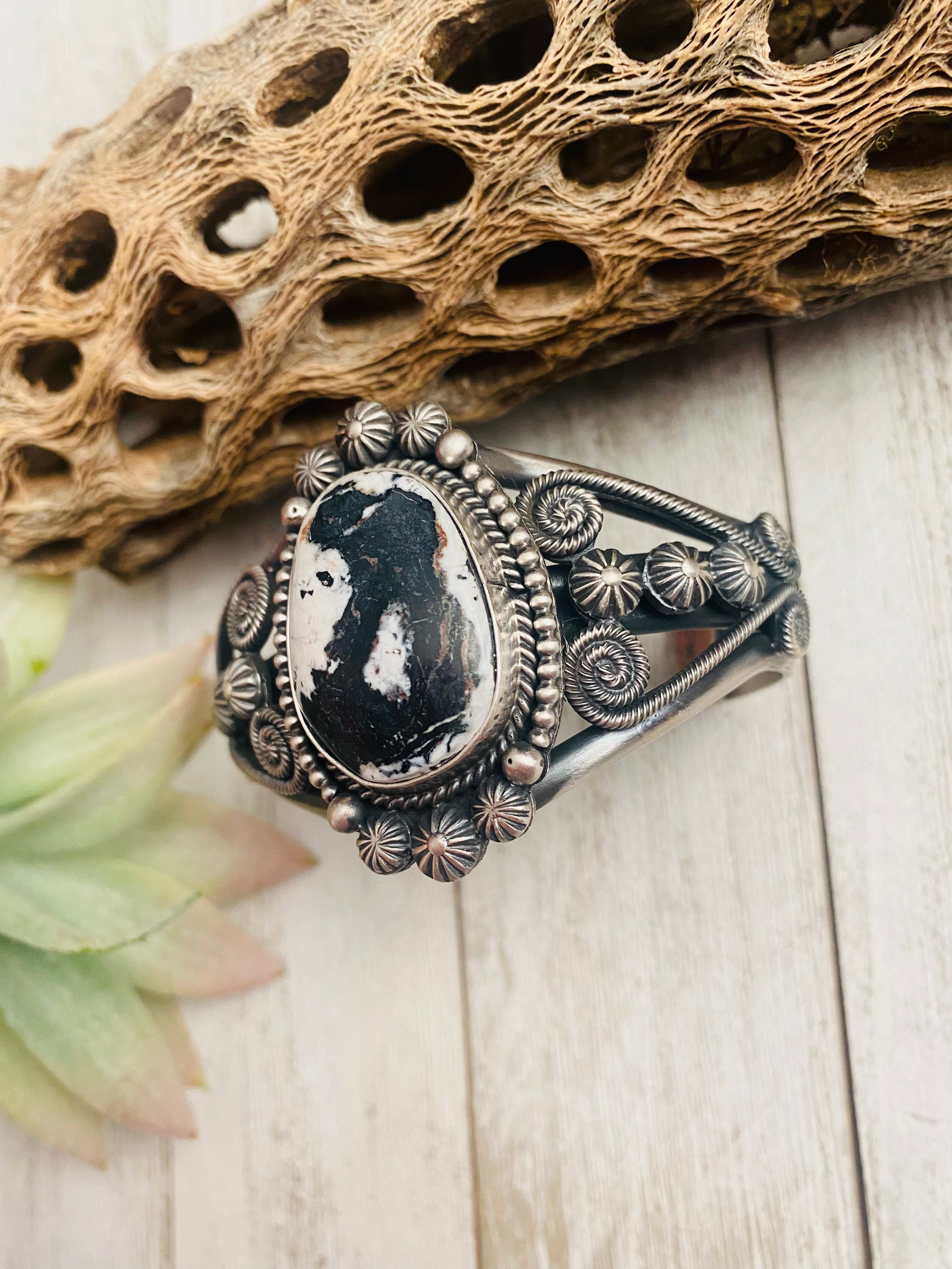 White Buffalo & Sterling Silver Cuff Bracelet Signed /