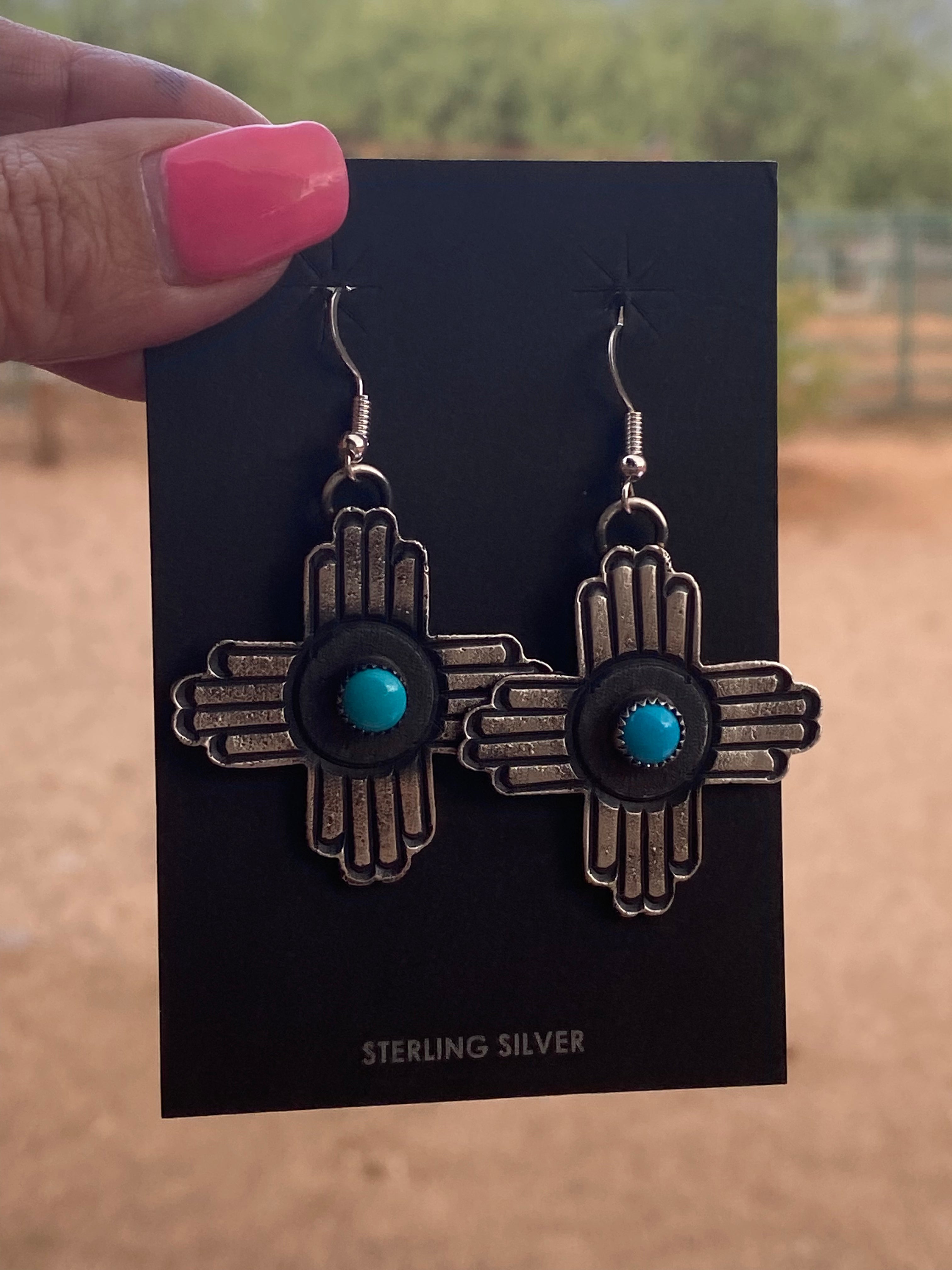 Handcrafted Turquoise & Sterling Silver Zia Dangle Earrings By Kevin Billah